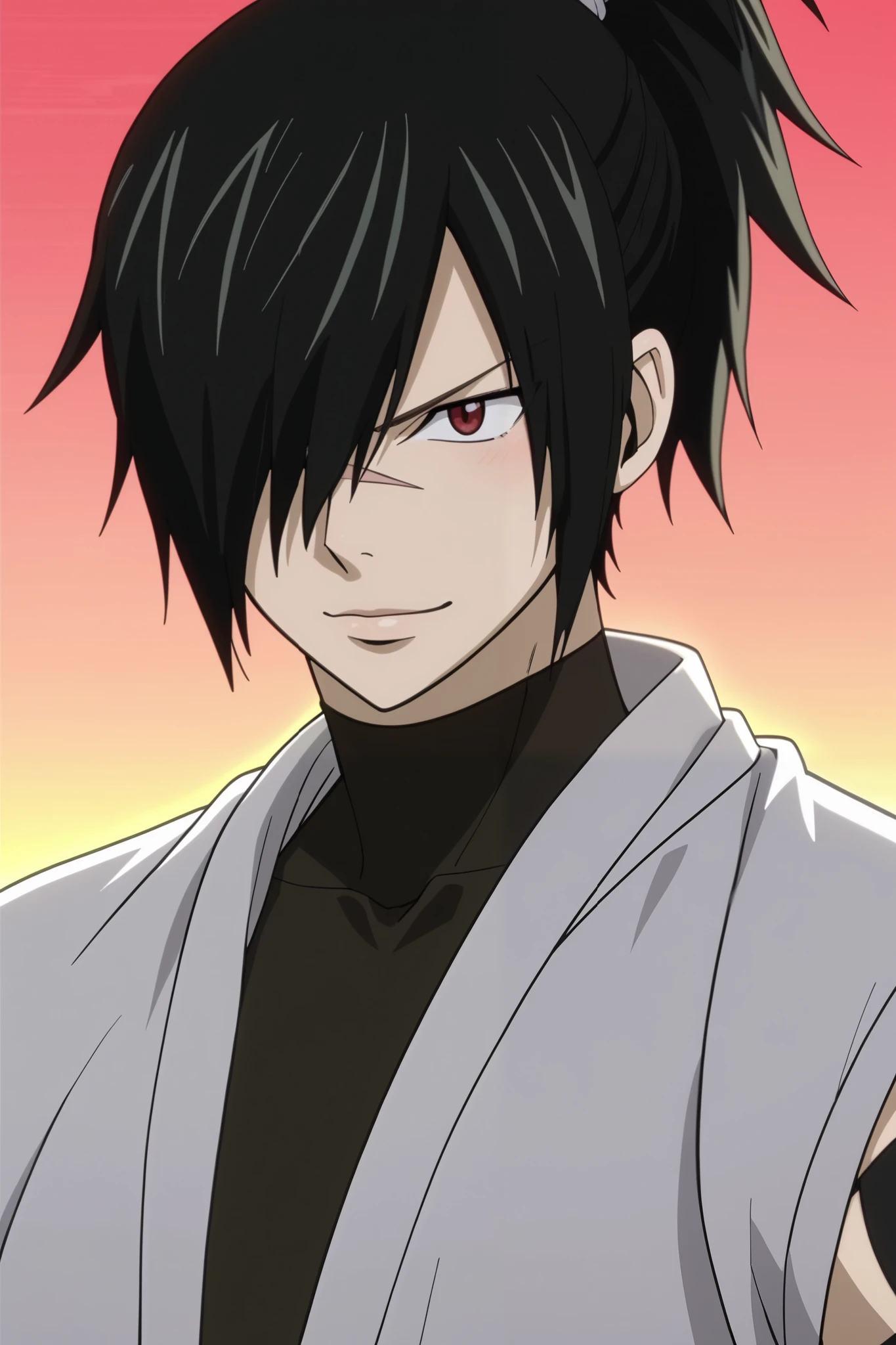 rogue_cheney, black hair, red eyes, hair over one eye, scar, tattoo, ponytail, score_9, score_8_up, score_7_up, source_anime, fairy_tail_2014_style, rating_safe, intricate details, anime screencap, 1boy, solo, male focus, rogue_cheney, black hair (anime-style shading, ponytail, hair over one eye), red eyes (sharp and expressive), scar, tattoo, close-up, happy expression (closed-mouth smile, relaxed eyebrows, subtle blush), a light gray sleeveless shirt (tight to the body, with dark details), black choker at the neck, dark tight-fitting pants tucked into long boots, light cape falling to hips (adding a mysterious touch), long leather gloves covering arms, clean anime lines, soft cel shading, vibrant but balanced colors, dynamic anime lighting, background with soft gradient tones (emphasizing the character), faithful to the *Fairy Tail 2014* anime style. Magnolia city background