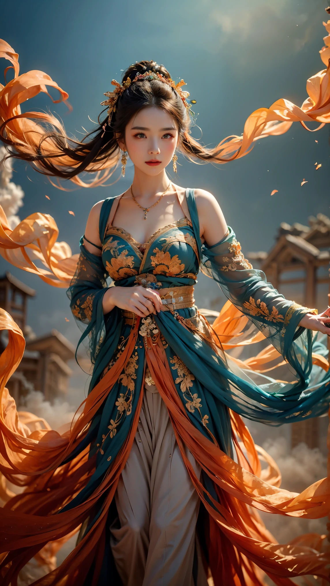 1girl,dunhuang,in clounds,clounds,fog,smoke,
masterpiece,best quality,32k uhd,hdr,dtm,cinematic lighting effects,wide shot,wide-angle lens,super vista,super wide angle,exquisite facial features,super delicate face,best fingers,