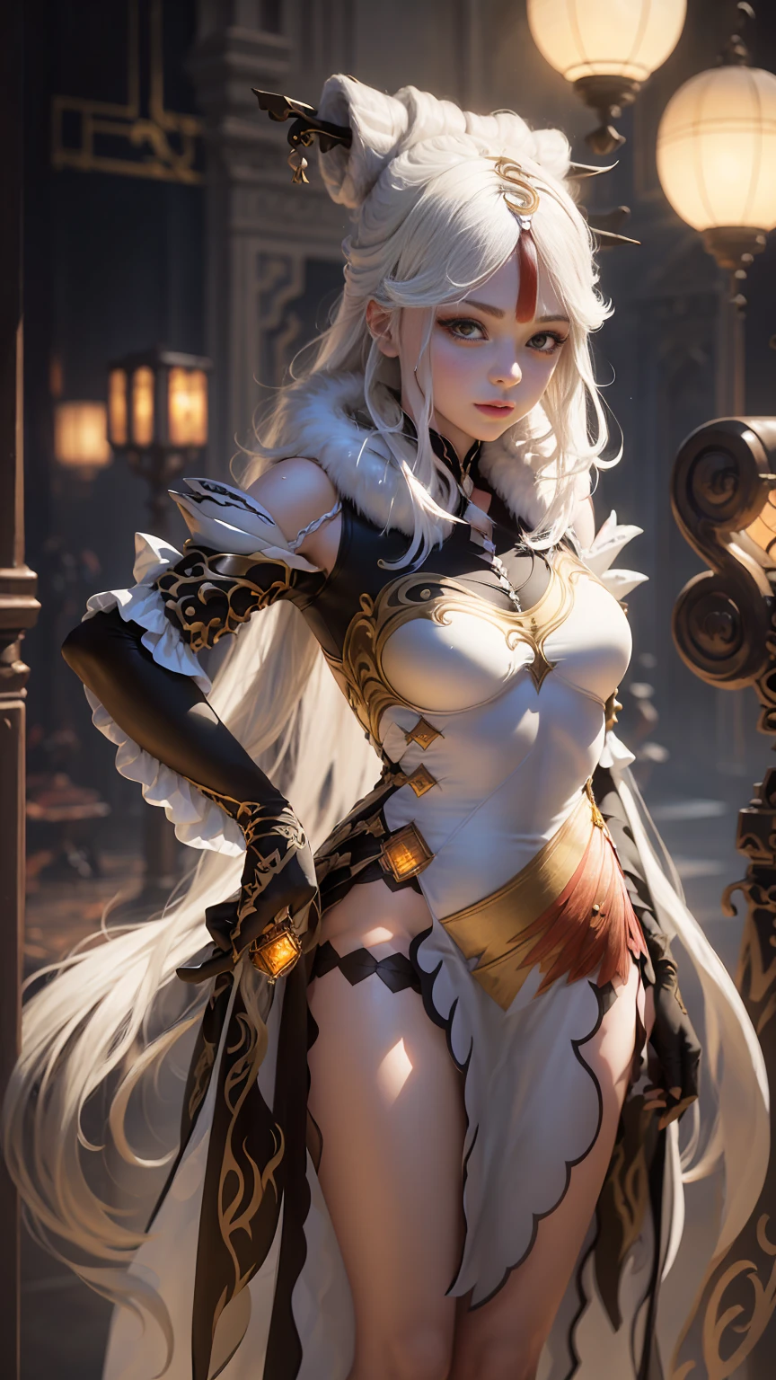 mature female elf, full body, long white hair, pointed ears, white skin, red eyes, confident expression, full plate adorned armor.