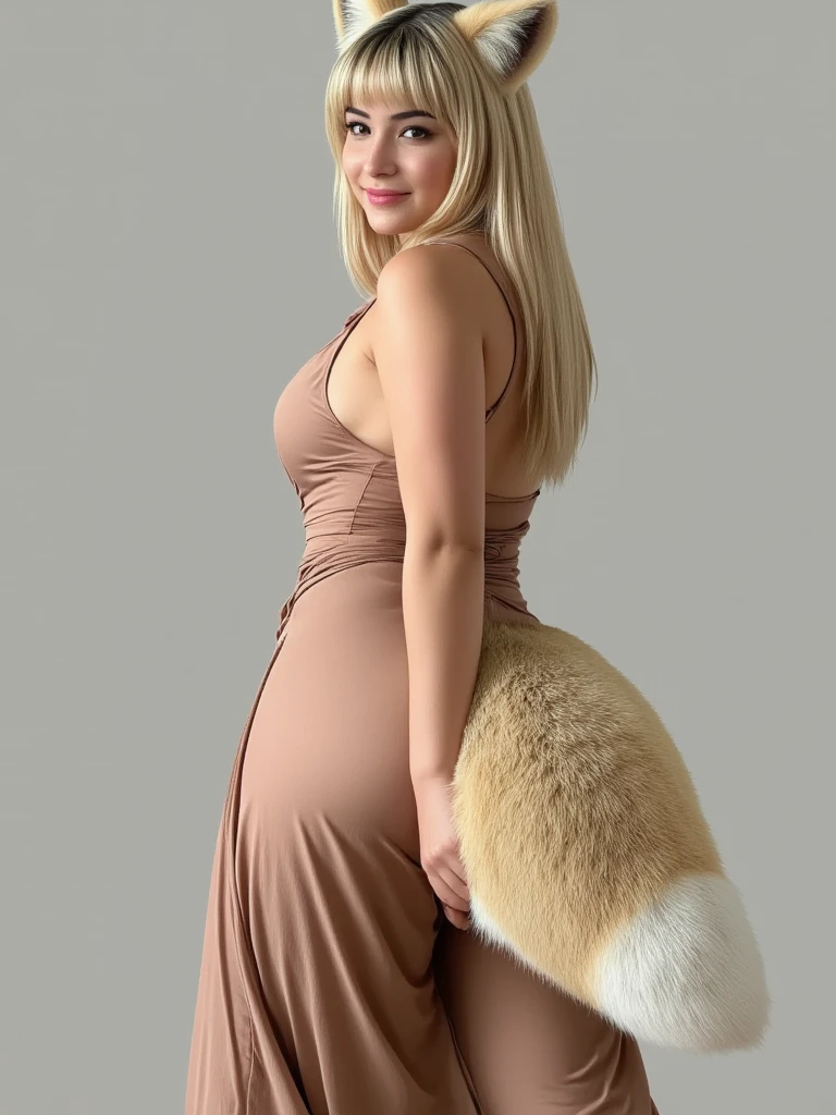 ((Highest quality, 8k)), ((masterpiece)), (Highest Resolution), Perfect Face, Fox Woman, Beautiful woman, public, Has one tail, She has thick thighs, a large tail, She has a blonde fox tail, She wags her tail, smile, fur collar, She wears a dress, Beautiful Hips, Big Breasts , A tail sticks out from the hem of the dress.
