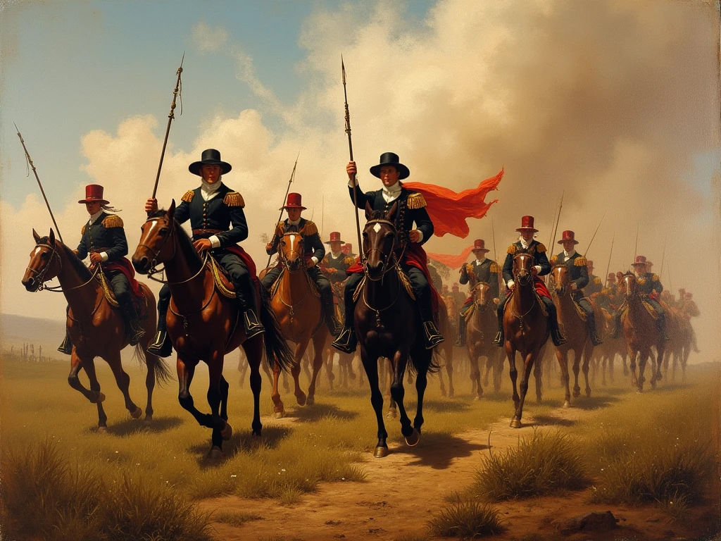 pintura de um grupo de homens montados em cavalos com bandeiras nas costas, carga de cavalaria, cavalaria, Farroupilha Revolution from 1835 to 1845, cavalaria pesada, soldados cobrando em,  conquistador, em batalha, Directed by: Jan Stanislavski, Directed by: Andrew Wroblewski, Cavaleiros em batalha, liderando uma batalha, partindo para a batalha