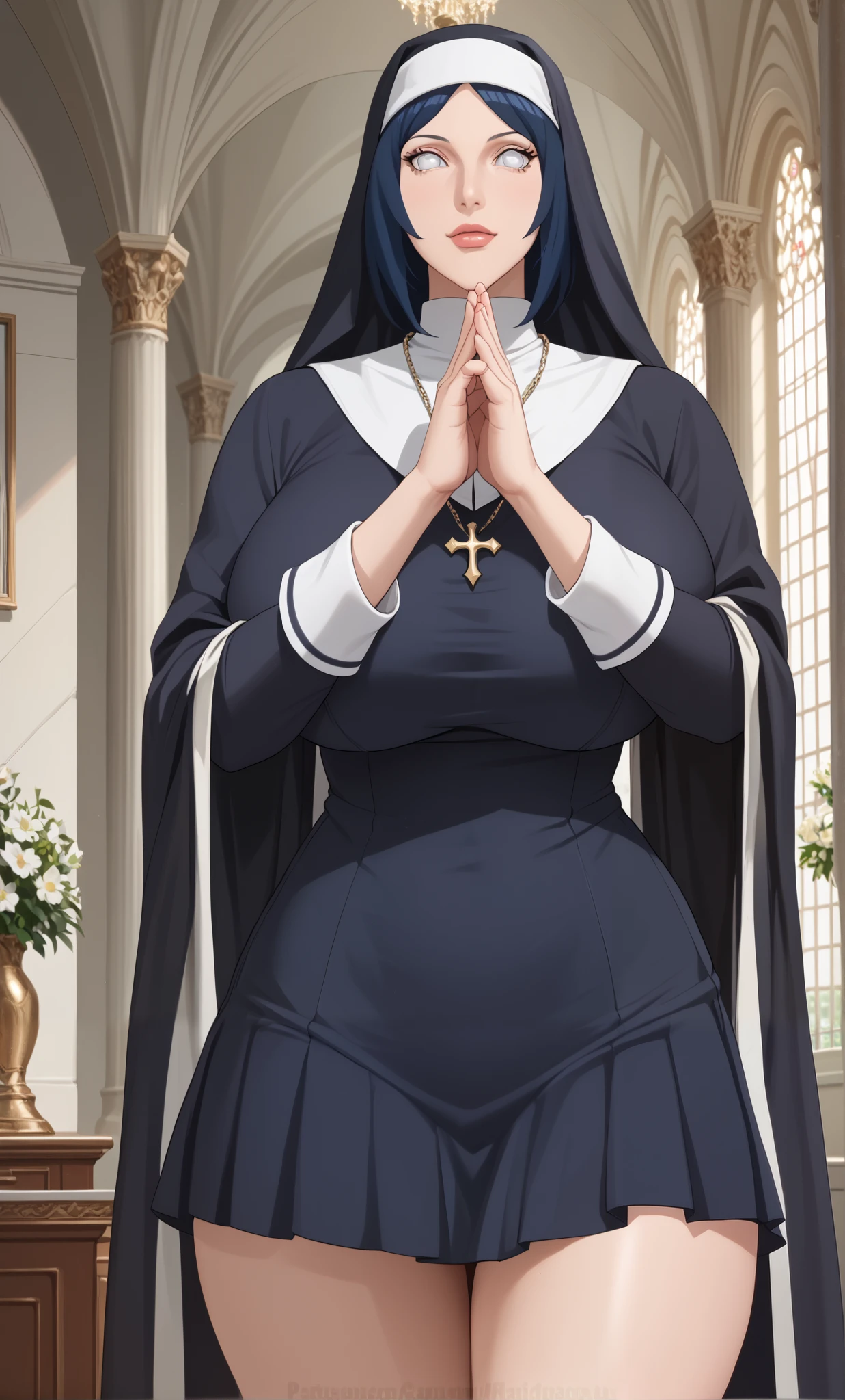 Hyūga_Hinata/Boruto, Dark Blue Hair,White Eyes,Score_8_up, Score_7_up, Score_6_up, Score_5_up, Score_4_up, Tag1, Tag2, Quality_masterpiece, Absurd res, Anatomically correct, Beautiful face, Perfect face, Highly detailed beautiful face and eyes, Attractive face, Detailed face, Delicate facial features, Detailed skin, Assertive female, Gigantic breasts, Thick thighs, masterpiece, exquisite, illustration, {beautiful and meticulous gir}, 1girl,masterpiece, (8k, best quality, masterpiece:1.2),highly detailed,ultra-detailed,masterclass,best quality,illustration,hair_between_eyes,perfect lighting, cowboy shot, cv16,black Nun Coat, Mini Thighs-Length Skirt, Praying Pose