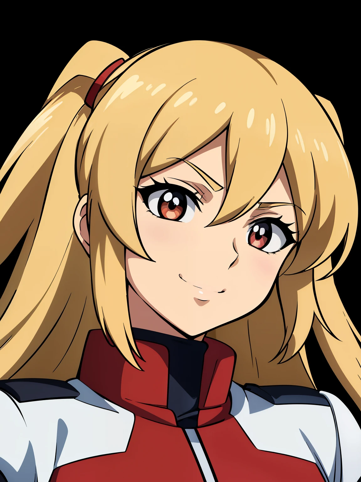 (high-quality, breathtaking),(expressive eyes, perfect face) 1girl, female, solo, blonde hair, long hair length, red eyes, cute smile, positive expresion, Gundam artstyle, black background, portrait, symmetrical eyes, pilot, Gundam Iron Blooded Orphans,