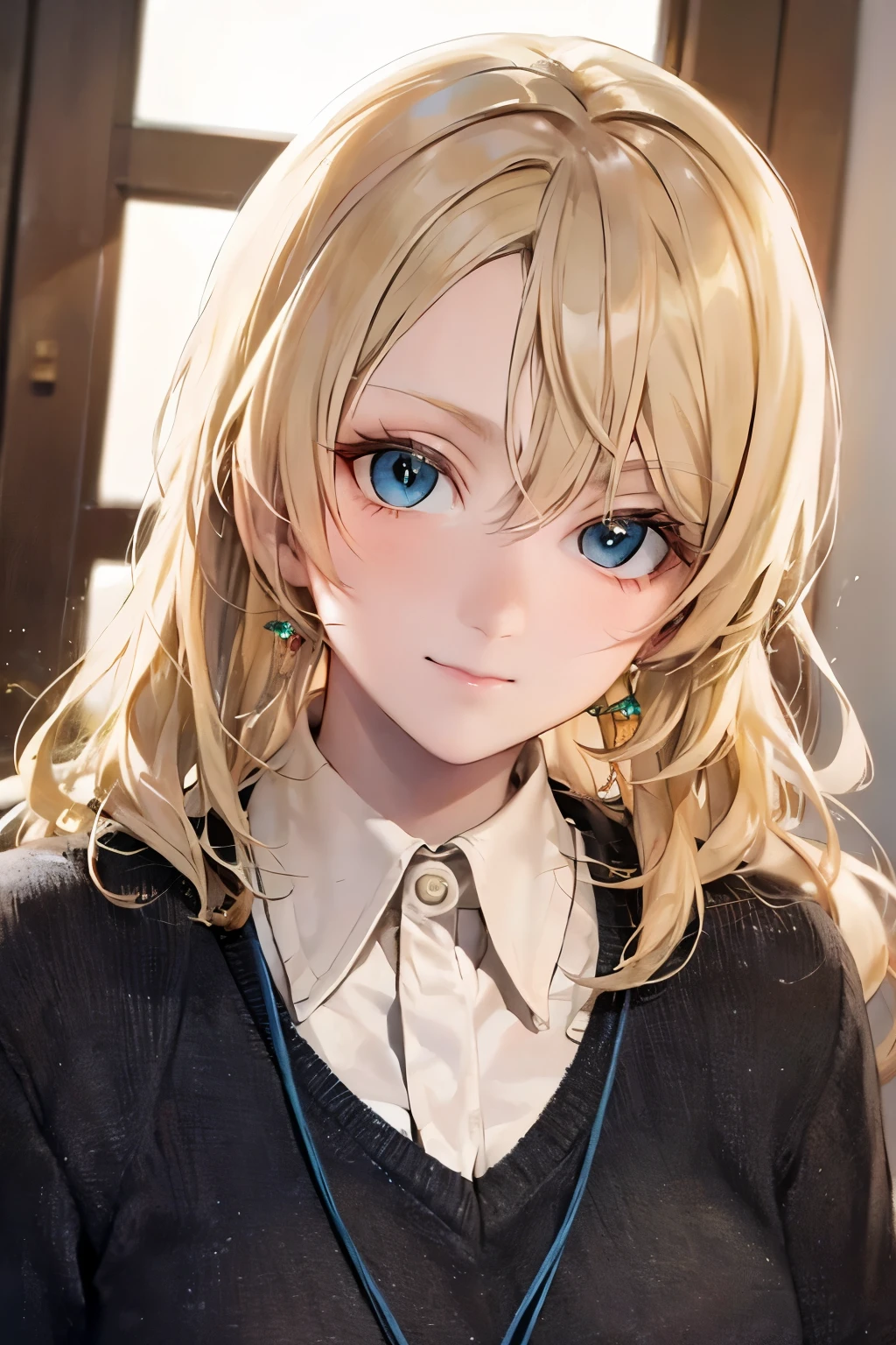 LunaLoveGood ,  blond hair ,  wide hair, curly tips , Blue eyes,mirada soñadora De pie con  wide hair 
