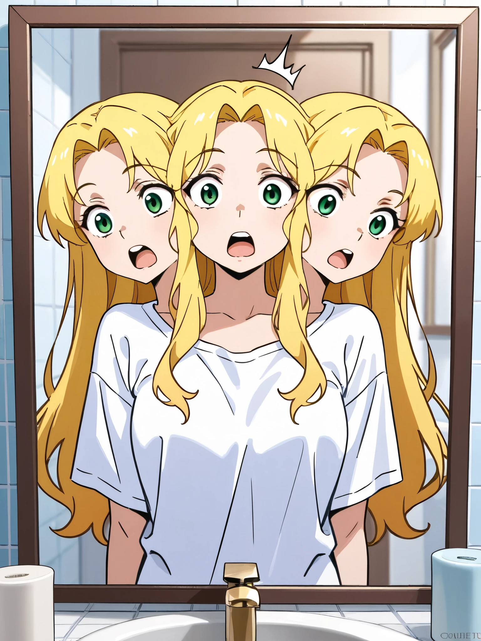 anime girl with three heads, conjoined, blond hair, green eyes, open mouth, groggy, surprised, confused, white oversized t-shirt, looking at herself in a bathroom mirror