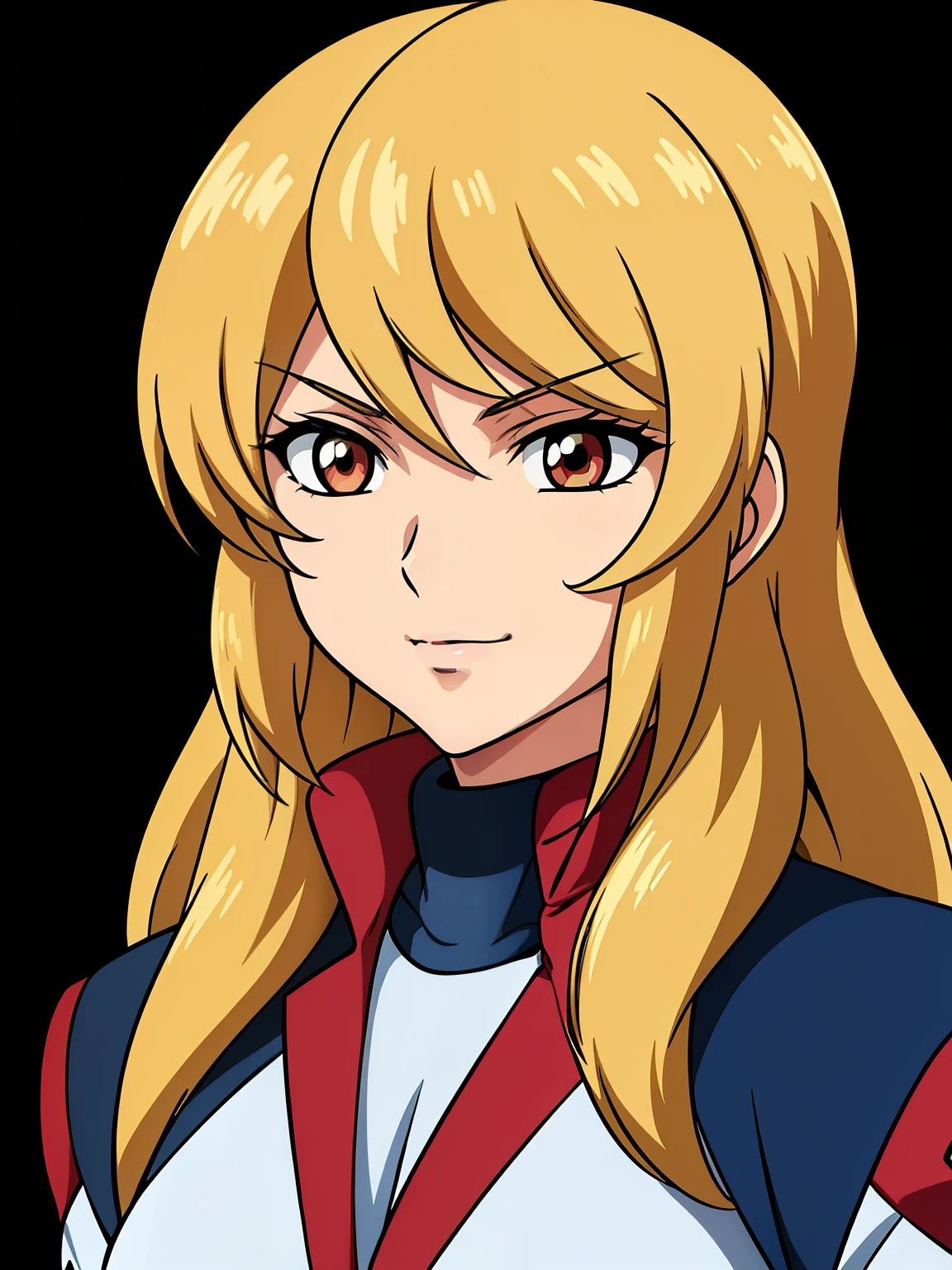 (high-quality, breathtaking),(expressive eyes, perfect face) 1girl, female, solo, blonde hair, long hair length, red eyes, cute smile, positive expresion, Gundam artstyle, black background, portrait, symmetrical eyes, pilot, Gundam Iron Blooded Orphans, uniform, adult,