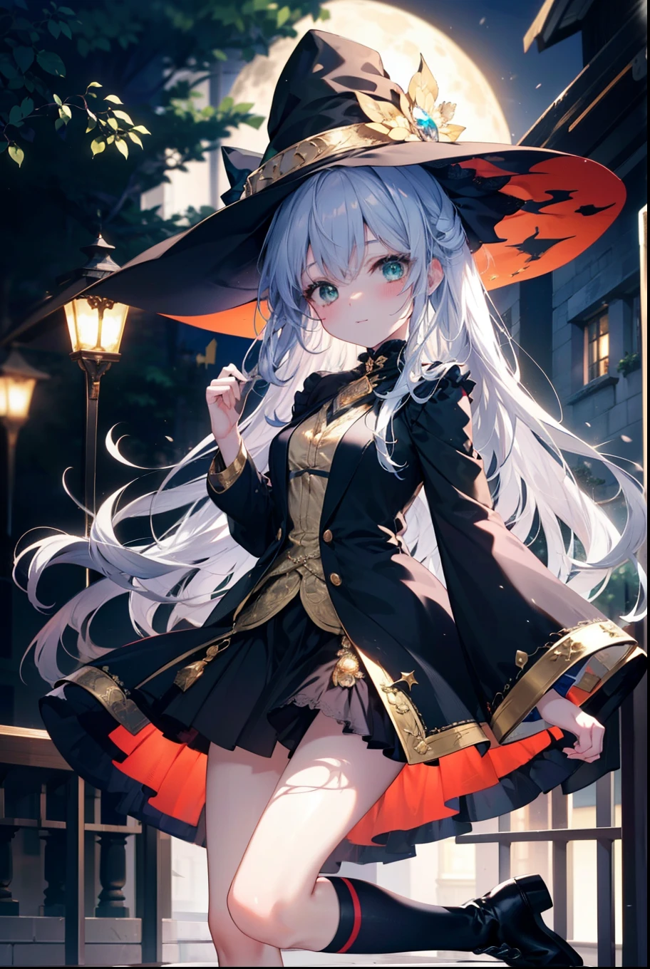 Prohibited bibliography, green eyes, Silver Hair, long hair,witch, has , smile,blush, mouths,witch has , dress, Halloween, Halloween costume, jewelry,Long frill skirt, short boots, full moon, whole bodyがイラストに入るように, break looking at viewer,whole body,
break outdoors, forest,dark forest,,
break (masterpiece:1.2), best quality , high resolution, Unity 8K Wallpaper , (figure:0.8), ( precise and beautiful eyes:1.6), very detailed face, PERFECT LIGHTING , very precise CG, (perfect hand, perfect anatomy),
