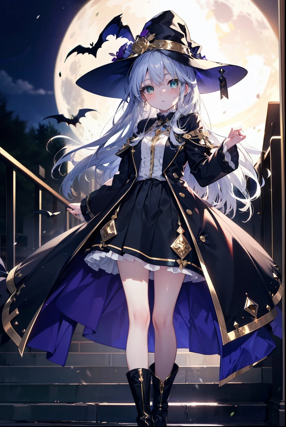 Prohibited bibliography, green eyes, Silver Hair, long hair,witch, has , smile,blush, mouths,witch has , dress, Halloween, Halloween costume, jewelry,Long frill skirt, short boots, full moon, whole bodyがイラストに入るように, break looking at viewer,whole body,
break outdoors, forest,dark forest,,
break (masterpiece:1.2), best quality , high resolution, Unity 8K Wallpaper , (figure:0.8), ( precise and beautiful eyes:1.6), very detailed face, PERFECT LIGHTING , very precise CG, (perfect hand, perfect anatomy),
