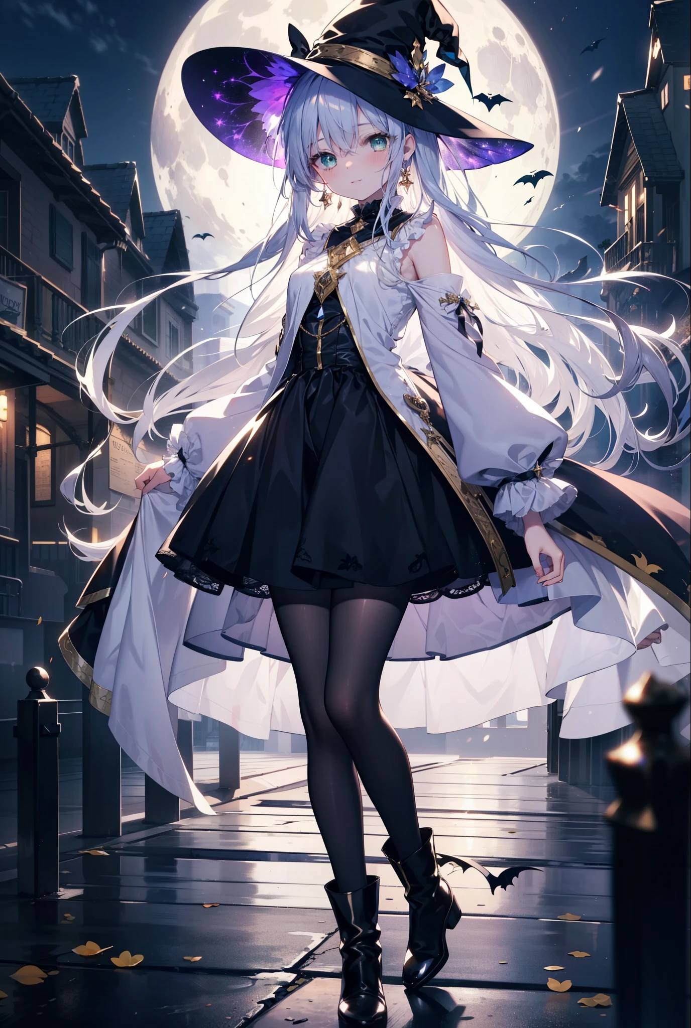 Prohibited bibliography, green eyes, Silver Hair, long hair,witch, has , smile,blush, mouths,witch has , dress, Halloween, Halloween costume, jewelry,Long frill skirt, short boots, full moon, whole bodyがイラストに入るように, break looking at viewer,whole body,
break outdoors, forest,dark forest,,
break (masterpiece:1.2), best quality , high resolution, Unity 8K Wallpaper , (figure:0.8), ( precise and beautiful eyes:1.6), very detailed face, PERFECT LIGHTING , very precise CG, (perfect hand, perfect anatomy),