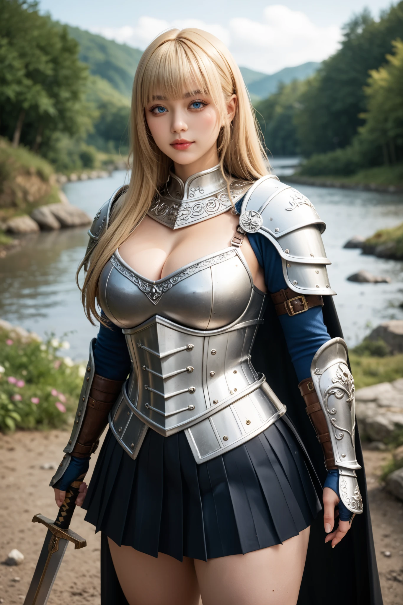 (8K, Highest quality:1.2)、masterpiece, Beautiful warrior, (Attractive Russian:1.0),(( Black Armor))、((Detailed leather armor)), (Strong muscular body), (Light blonde hair),(Short Hair)、 Braid、Disheveled Hair、feet, (High fantasy battlefield environment), (Stained glass background), (((Holding a sword))), High resolution, (Skin Texture:1.1), Highest quality, 超High resolution, (Realistic: 1.4), RAW Photos, By Ellen von Unwerth, Nikon D850 film stock photos, F1.6 Lenses, Rich colors, Bokeh, Sharp focus, Realistic, Cinestill 800, Backlight, Rim Light, Strong sunlight, Realistic, Realistic Shadow, 3d, (Forest Background:1.2),Hair blowing in the wind、whole body、 (Ancient Fantasy Ranger),(Ancient soldier armor),Combat Accessories,breastplate、((Long trousers))、Voluminous lips、((Big Breasts))、((Large Breasts))、Cleavage、((Perfect Face))、Big eyes、Delicate eyes、Body-fitting armor、looking at the camera、belt、Intricately patterned armor、Upper Body、up、Delicate hands、((Knee-high boots))、She is standing