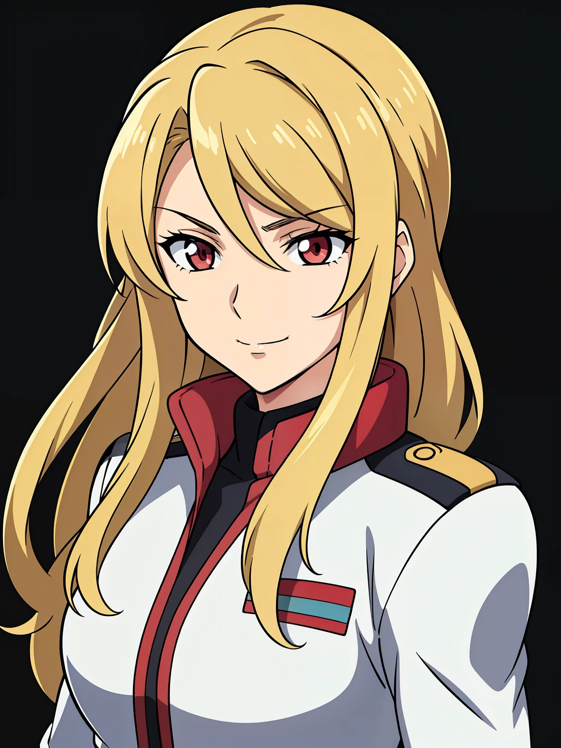 (high-quality, breathtaking),(expressive eyes, perfect face) 1girl, female, solo, blonde hair, long hair length, red eyes, cute smile, positive expresion, Gundam artstyle, black background, portrait, symmetrical eyes, pilot, Gundam Iron Blooded Orphans, uniform, adult,