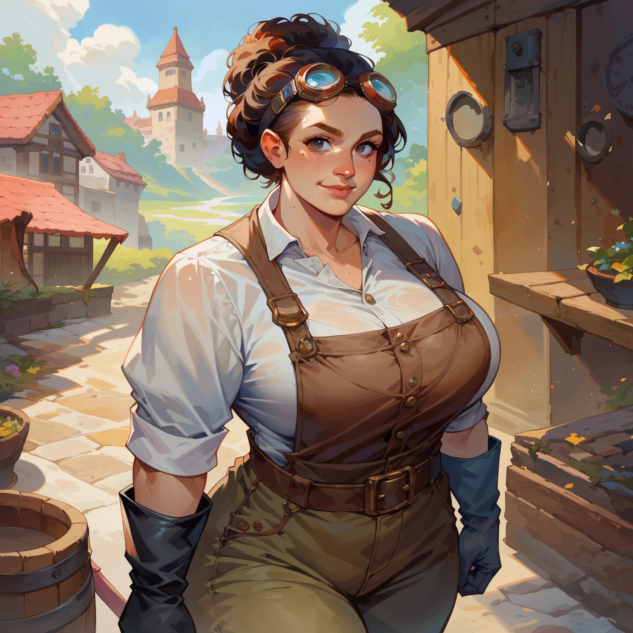 Dwarf, short stature, (big nose), anime style, semi realistic style, watercolor style, A high angle portrait of a short, short height, dwarf woman, with ((black curly hair in a hair bun)), freckles, dark eyes, big nose, stout nose, round face, cute face, beautiful face, muscular, very muscular, wide shoulders, big arms, very big biceps, muscular arms, huge breasts, massive breasts, round breasts, huge cleavage, huge ass, round ass, love handles, white shirt, suspenders, (goggles), big goggles,(goggles on forehead), inventor outfit, blacksmith apron, (blacksmith gloves), work boots, work pants, dust on skin, coal on skin, mole on cheek, smiling, looking up at viewer, (medieval interior background). High quality, best quality, high detail, very detailed.
