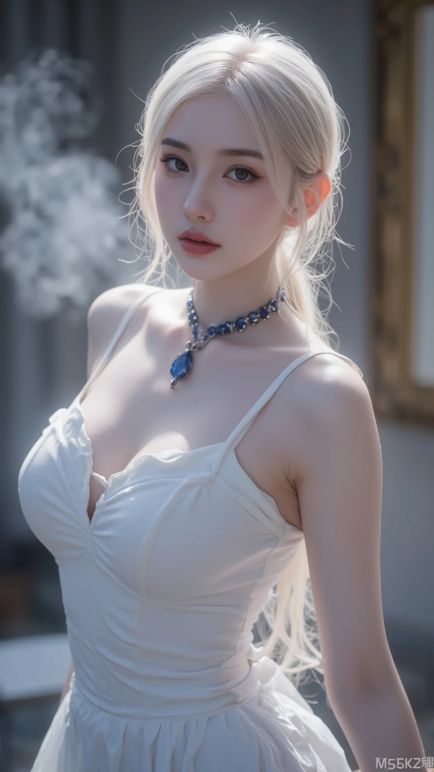 8k,Confused, High resolution, Very detailed, 1 girl, alone, Very beautiful eyes, Ultra-precise depiction, artistic、Very detailed depiction, (Tangled:1.2), , (White high key background:1.5), (((Navy Blue Lace Dress 1.5))), 、 short hair、Earrings and Necklaces、Platinum Blonde Hair, (Glowing Skin), Many colors, , (Shooting from above:1.2),、Flat Body、slim、cute、、Round face、Cast a Shadow、、Smile 1.3、Place both hands on your chest、