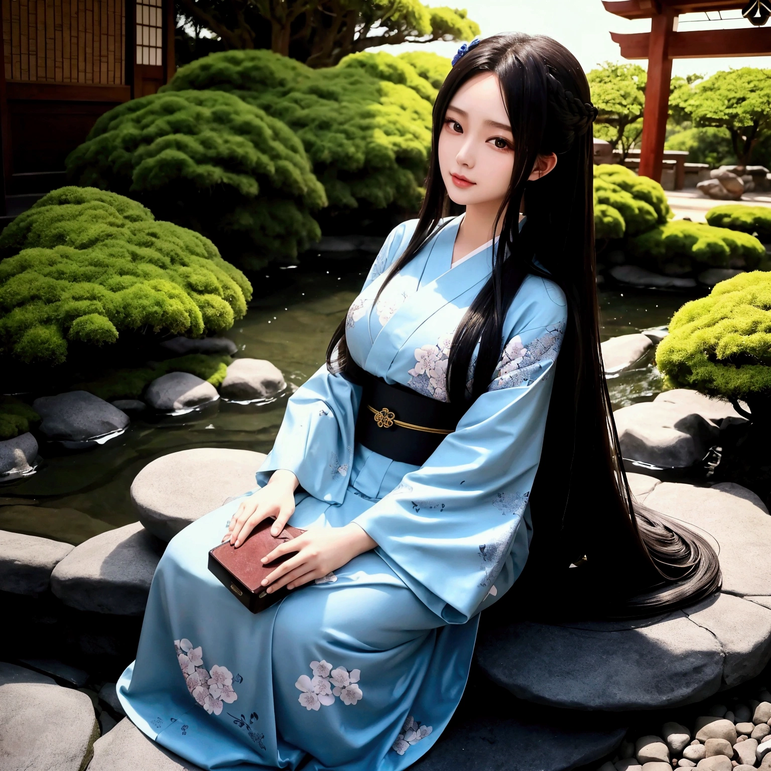 masterpiece, best quality, official art, 8k wallpaper, highly detailed, illustration,Night time, 1 girl, Azure hair, long hair, detailed eyes, forrest,hanfu,lakes, pure, soft smile,bamboo,