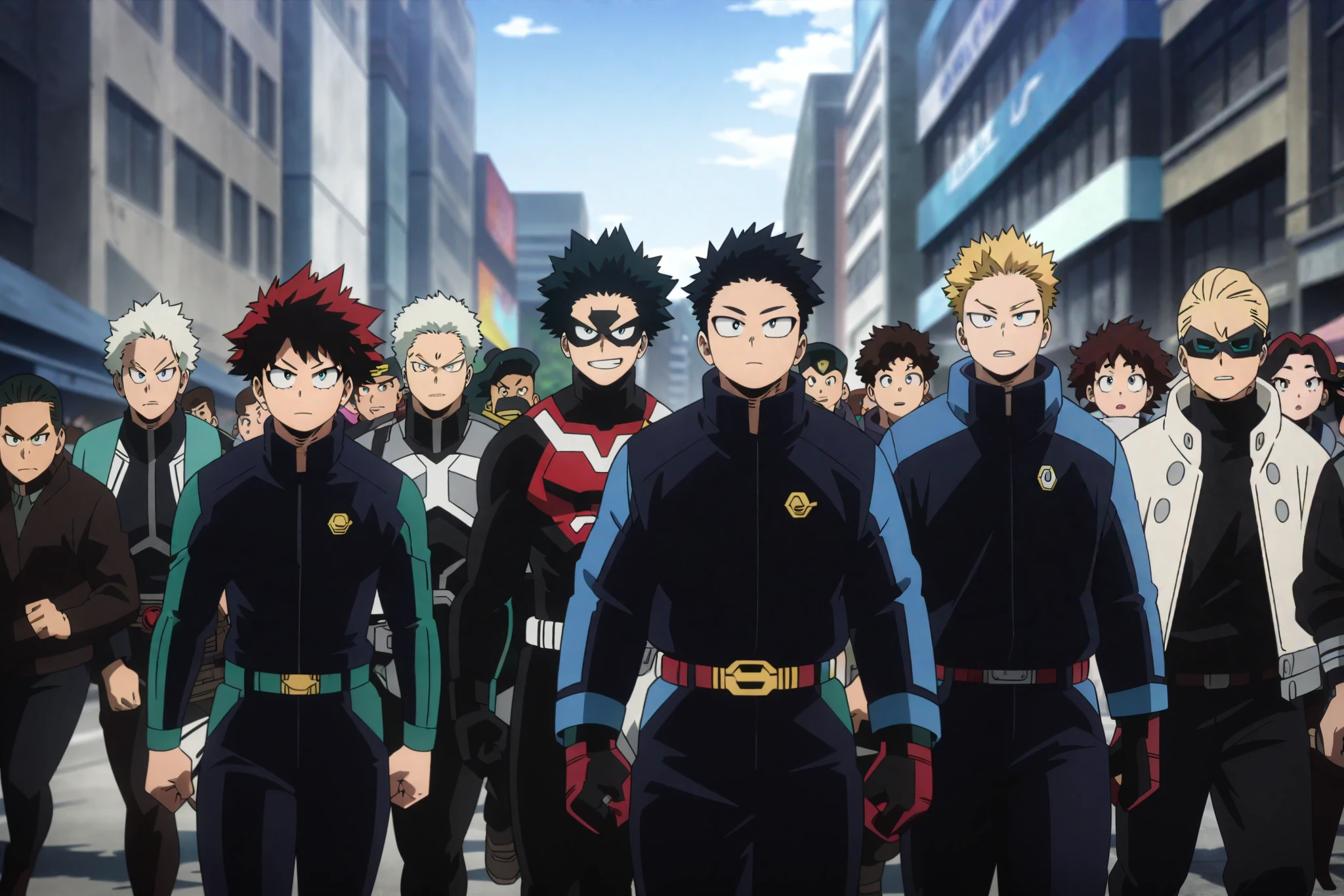 A bunch of professional heroes from various nations running towards action together. Superheroes.
Big city avenue background, Daytime, detailed anime lighting, colorfull.
My Hero Academia character, MHA style, anime style, my hero academia, boku no hero academia, animated. Anime, Best Quality, Masterpiece, High Resolution, 4K, perfect body, perfect eyes, perfect eyes, Full Quality, colorfull, Looking at viewer, Anime, Anime Style, High Resolution.