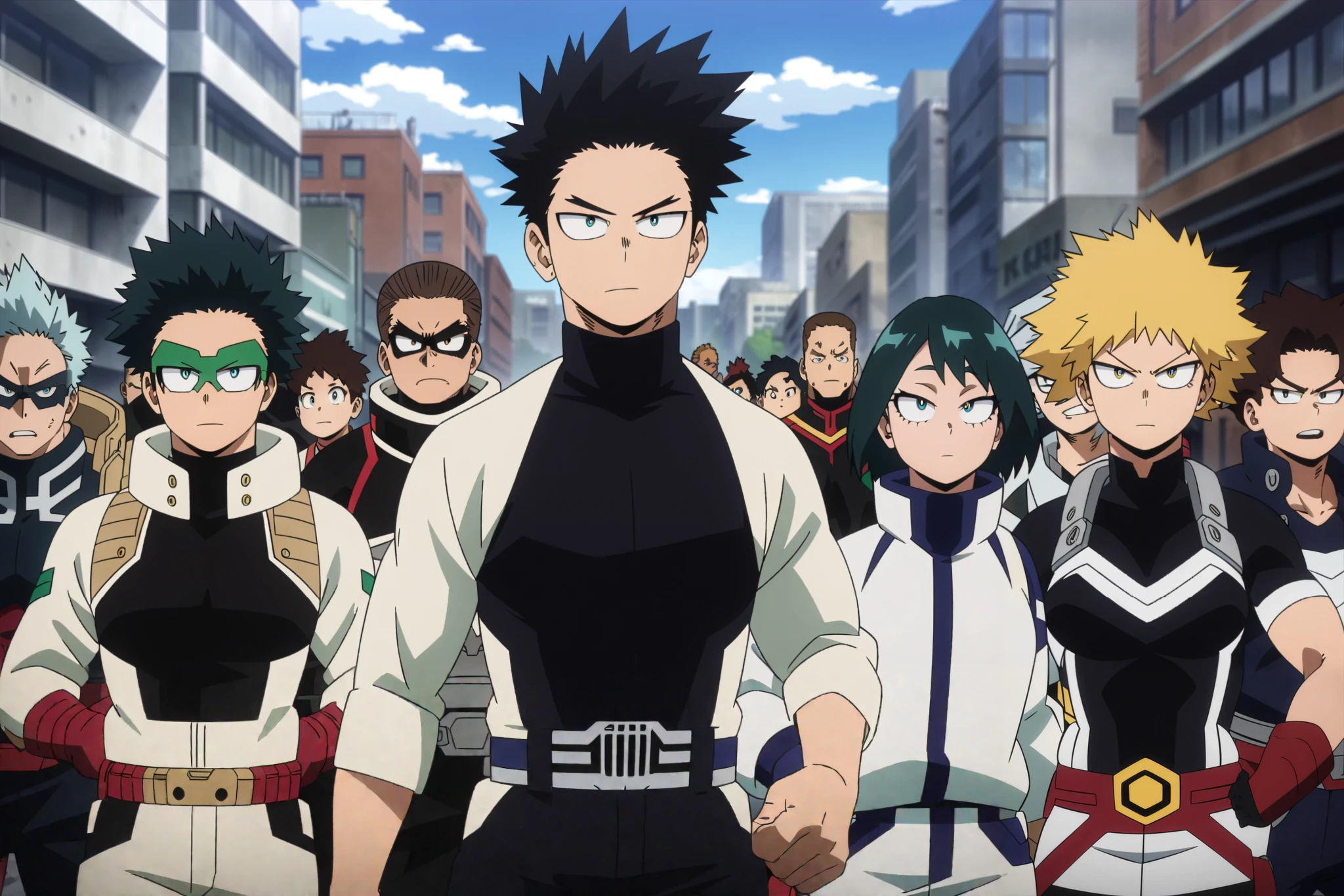 A bunch of professional heroes from various nations running towards action together. Superheroes.
Big city avenue background, Daytime, detailed anime lighting, colorfull.
My Hero Academia character, MHA style, anime style, my hero academia, boku no hero academia, animated. Anime, Best Quality, Masterpiece, High Resolution, 4K, perfect body, perfect eyes, perfect eyes, Full Quality, colorfull, Looking at viewer, Anime, Anime Style, High Resolution.