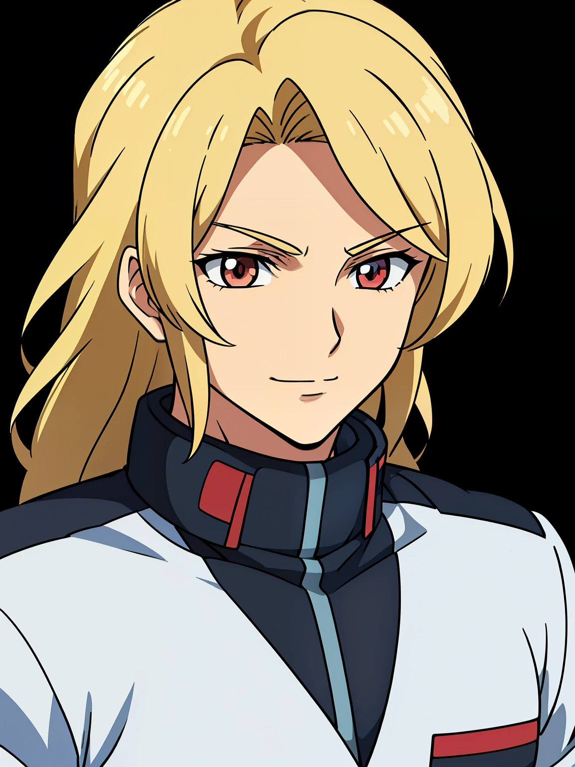 (high-quality, breathtaking),(expressive eyes, perfect face) 1boy, male, solo, blonde hair, red eyes, cute smile, positive expresion, Gundam artstyle, black background, portrait, symmetrical eyes, pilot, Gundam Iron Blooded Orphans, uniform, adult, femboy, flat chest
