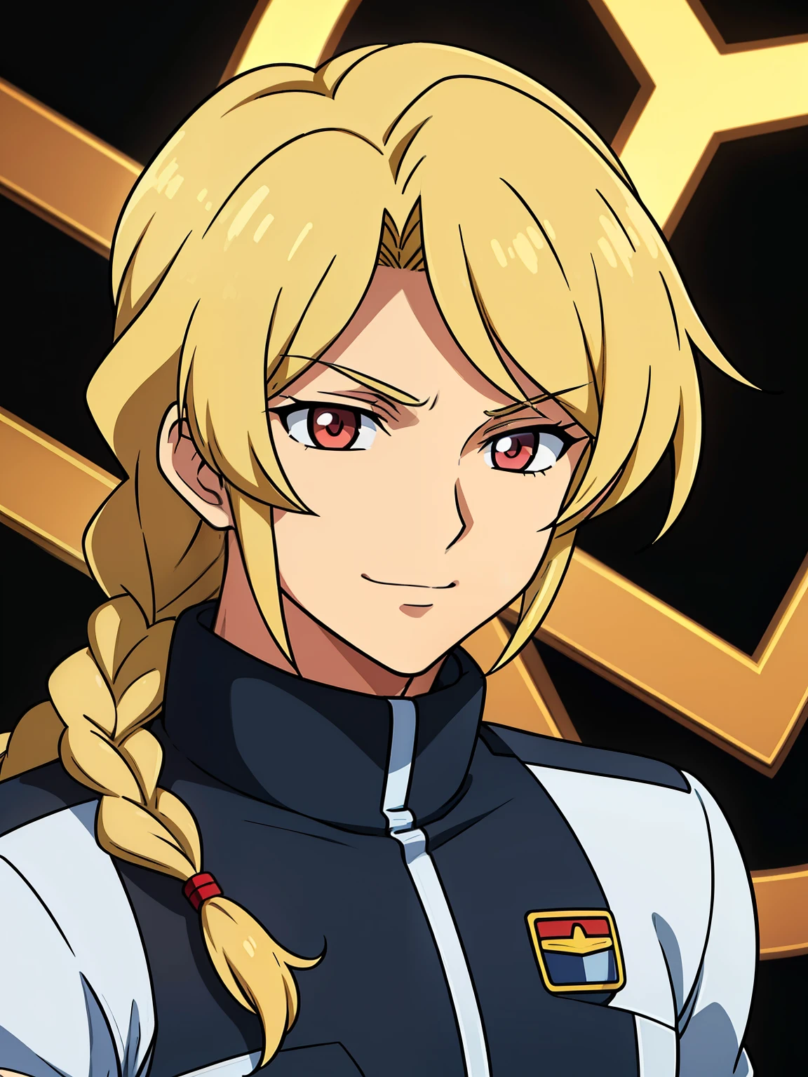 (high-quality, breathtaking),(expressive eyes, perfect face) 1boy, male, solo, blonde hair, side braid, red eyes, cute smile, positive expresion, Gundam artstyle, black background, portrait, symmetrical eyes, pilot, Gundam Iron Blooded Orphans, uniform, adult, femboy, flat chest