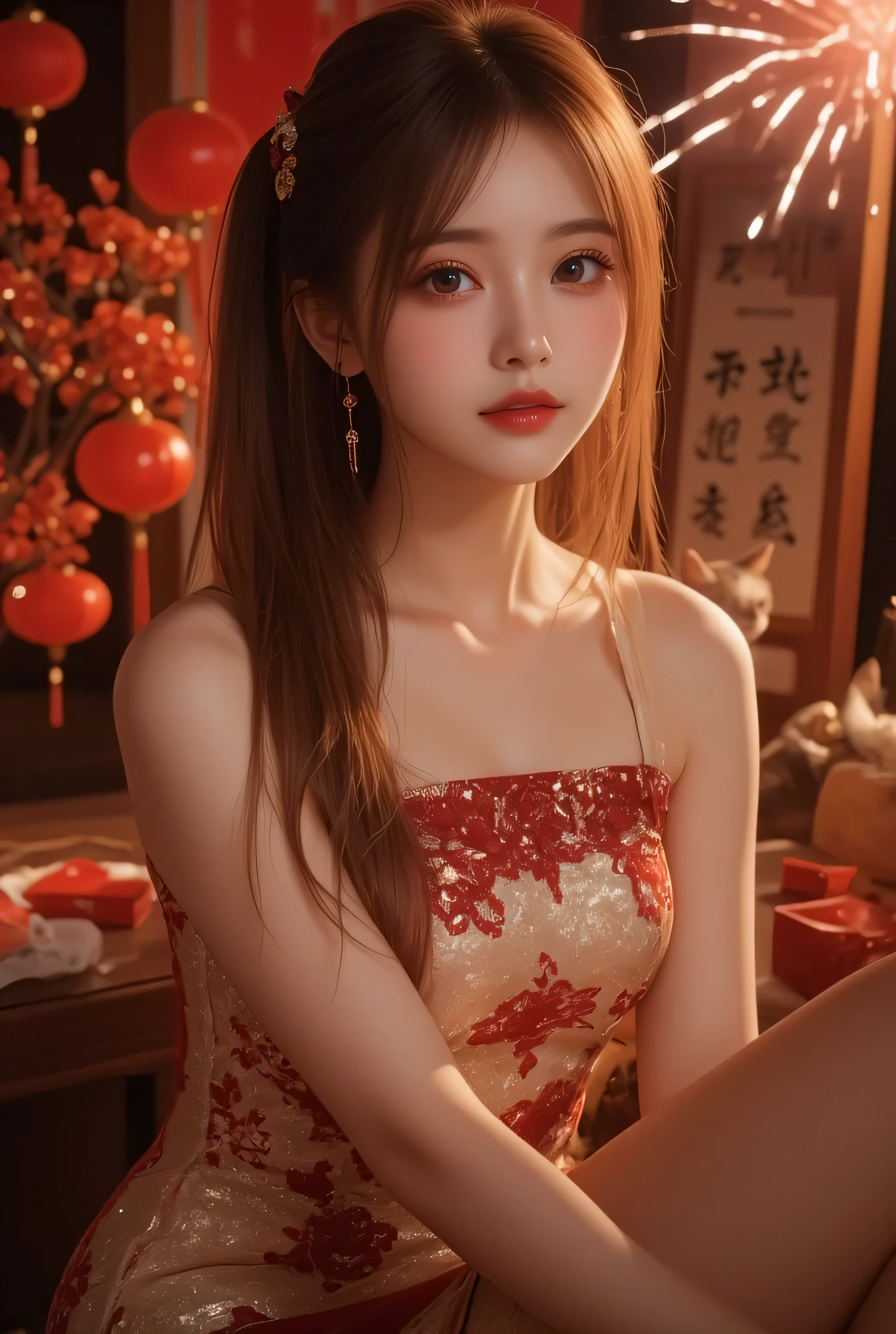 Cat ears、 face up, attractive, pretty girl, ponytail、 (( fine facial features , eroticism)), dramatic lighting , realistic , 8k, Dramatic Shadows , intricate and elaborate patterns , super detailed photo , chiaroscuro lighting , Pleasant colors , deep contrast , super real 、 pink lipstick、 warm room、Vintage Fireplace 、 cinematic composition、Close-up of face, pretty half part transparent open shoulder loose outfits dress, tang style, A beautiful Korean idol wearing a one piece red- black tightly cheongsam with phoenix and intricate floral golden embroidery, golden and silver outline on dress, hand hold pink feathers transparent Chinese fan with golden ink painting of bird and tree , standing gracefully in a room filled with traditional Chinese New Year decorations. The room features vibrant red lanterns, decorative calligraphy scrolls, a small Chinese orange tree with golden ornaments, and several red envelopes scattered across the floor and hanging from the tree. Adorable, playful cats are part of the scene—some sitting near the tree, others curiously pawing at the red envelopes or lounging around. Through a window or an open door in the background, vibrant Chinese fireworks light up the night sky in an array of reds, golds, and blues, casting a magical glow into the room. The idol’s outfit is paired with subtle accessories like red hairpins or earrings, complementing the festive look. The atmosphere is warm and lively, filled with the joyful essence of the celebration, enhanced by the shimmering lights of the fireworks and the lively decor.