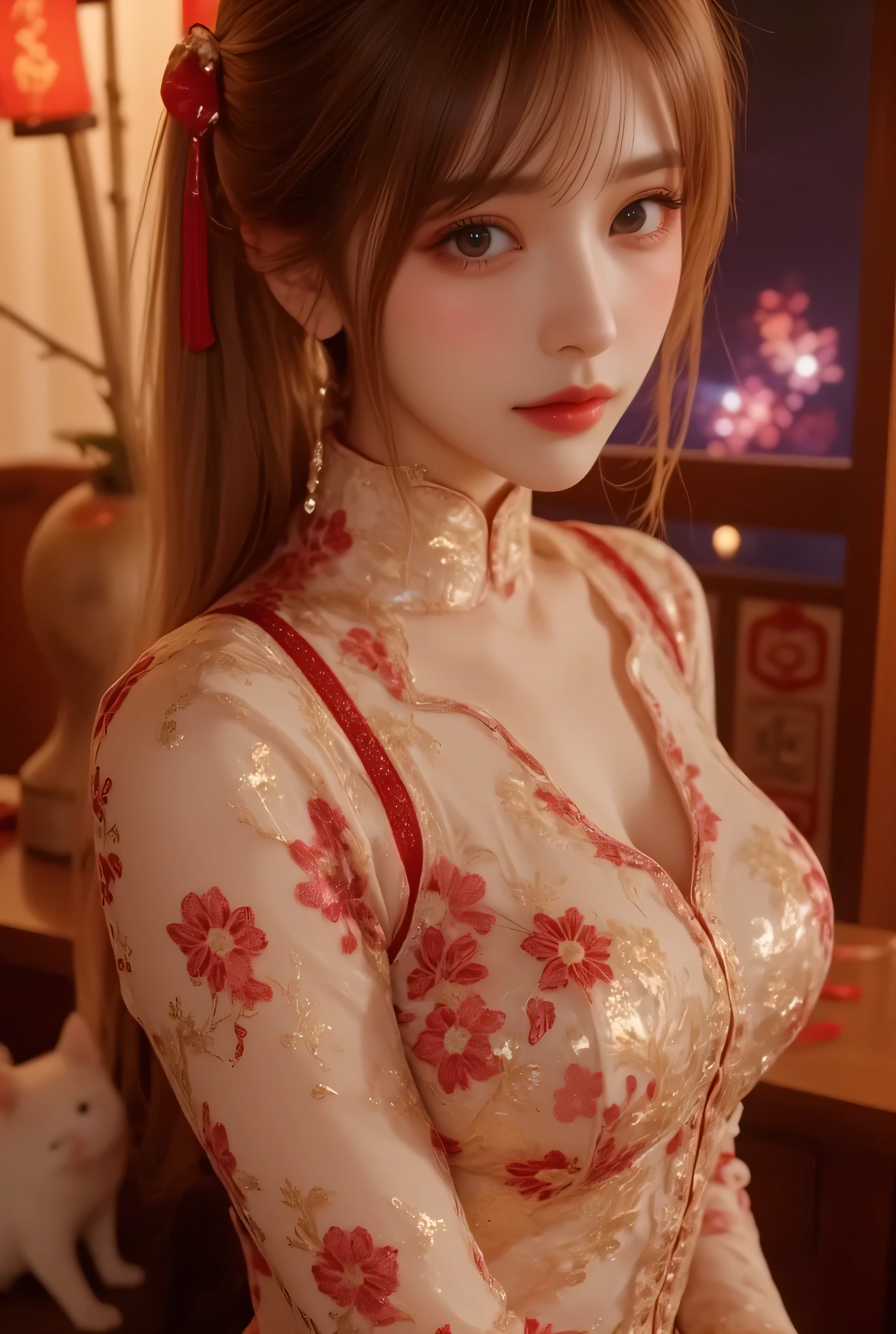Cat ears、 face up, attractive, pretty girl, ponytail、 (( fine facial features , eroticism)), dramatic lighting , realistic , 8k, Dramatic Shadows , intricate and elaborate patterns , super detailed photo , chiaroscuro lighting , Pleasant colors , deep contrast , super real 、 pink lipstick、 warm room、Vintage Fireplace 、 cinematic composition、Close-up of face, pretty half part transparent open shoulder loose outfits dress, tang style, A beautiful Korean idol wearing a one piece red- black tightly cheongsam with phoenix and intricate floral golden embroidery, golden and silver outline on dress, hand hold pink feathers transparent Chinese fan with golden ink painting of bird and tree , standing gracefully in a room filled with traditional Chinese New Year decorations. The room features vibrant red lanterns, decorative calligraphy scrolls, a small Chinese orange tree with golden ornaments, and several red envelopes scattered across the floor and hanging from the tree. Adorable, playful cats are part of the scene—some sitting near the tree, others curiously pawing at the red envelopes or lounging around. Through a window or an open door in the background, vibrant Chinese fireworks light up the night sky in an array of reds, golds, and blues, casting a magical glow into the room. The idol’s outfit is paired with subtle accessories like red hairpins or earrings, complementing the festive look. The atmosphere is warm and lively, filled with the joyful essence of the celebration, enhanced by the shimmering lights of the fireworks and the lively decor.