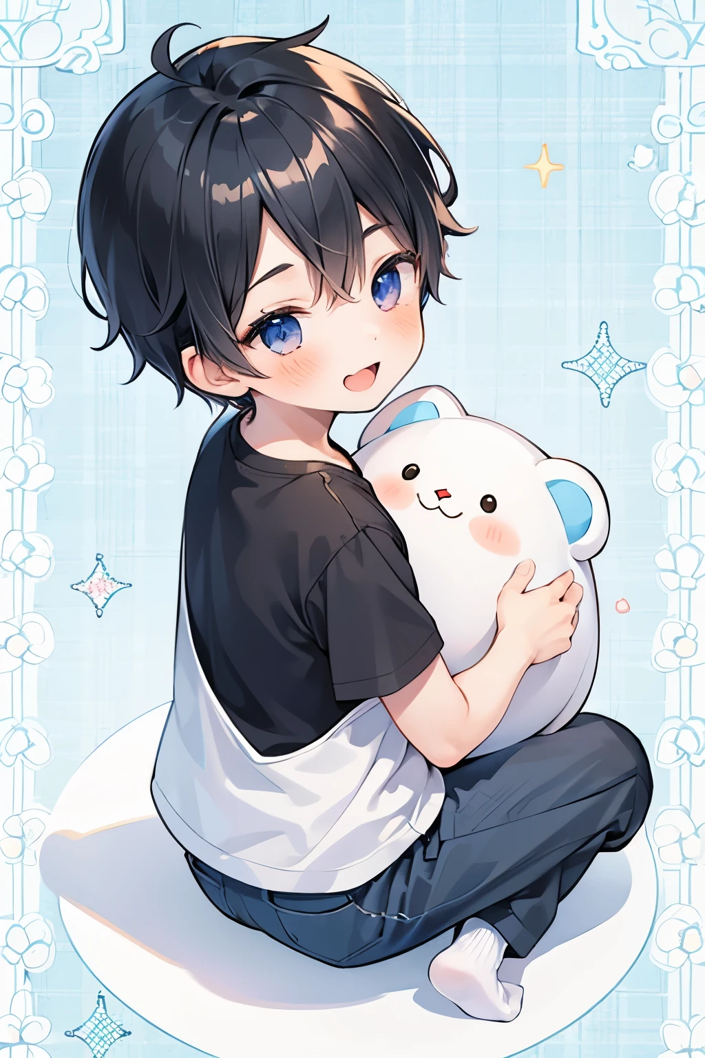 ((1-boy :1.5)),(( adult male:1.0)),black hair,(very short hair:1.0),braid hair,(odd-eyes:0.85),((Kirakira eyes :1.0)),happy, pleasant face,(looking back:0.8),socks,((kawaii)),(crouching:0.5),(hugging a stuffed Shiny slime-Monster:0.5),((dodge pattern background:0.85))