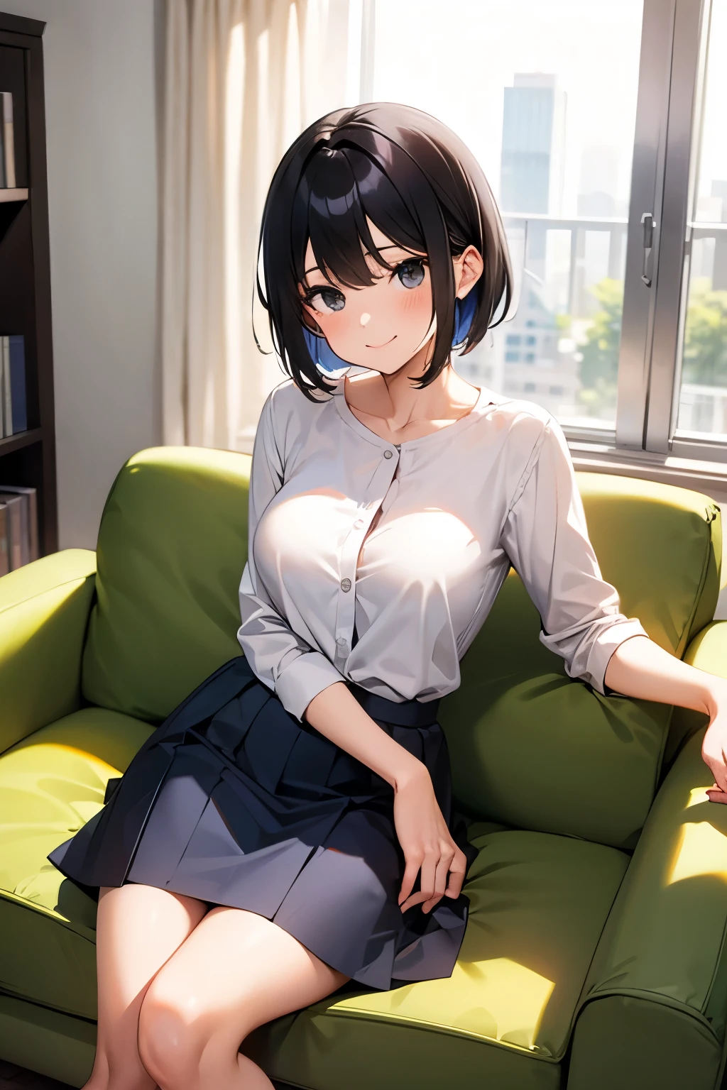 1woman, short haired, black hair, white blouse, blue skirt, medium breast size, round face, shy smile, green sofa, apartment, average body shape, dark black eyes, sitting in the sofa, medium shot,