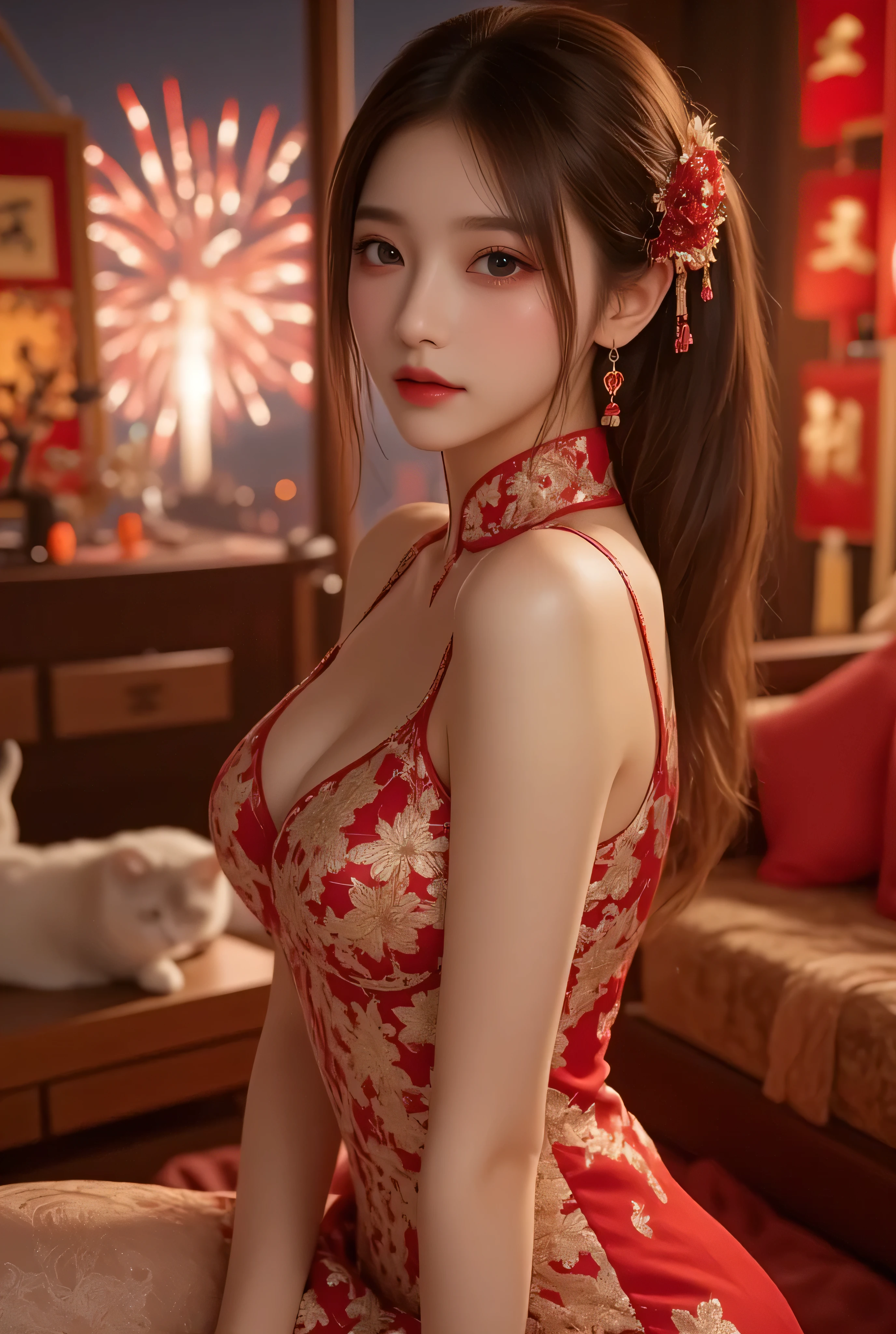 Cat ears、 face up, attractive, pretty girl, ponytail、 (( fine facial features , eroticism)), dramatic lighting , realistic , 8k, Dramatic Shadows , intricate and elaborate patterns , super detailed photo , chiaroscuro lighting , Pleasant colors , deep contrast , super real 、 pink lipstick、 warm room、Vintage Fireplace 、 cinematic composition、Close-up of face, pretty half part transparent open shoulder loose outfits dress, tang style, A beautiful Korean idol wearing a one piece red- black tightly cheongsam with phoenix and intricate floral golden embroidery, golden and silver outline on dress, hand hold pink feathers transparent Chinese fan with golden ink painting of bird and tree , standing gracefully in a room filled with traditional Chinese New Year decorations. The room features vibrant red lanterns, decorative calligraphy scrolls, a small Chinese orange tree with golden ornaments, and several red envelopes scattered across the floor and hanging from the tree. Adorable, playful cats are part of the scene—some sitting near the tree, others curiously pawing at the red envelopes or lounging around. Through a window or an open door in the background, vibrant Chinese fireworks light up the night sky in an array of reds, golds, and blues, casting a magical glow into the room. The idol’s outfit is paired with subtle accessories like red hairpins or earrings, complementing the festive look. The atmosphere is warm and lively, filled with the joyful essence of the celebration, enhanced by the shimmering lights of the fireworks and the lively decor.