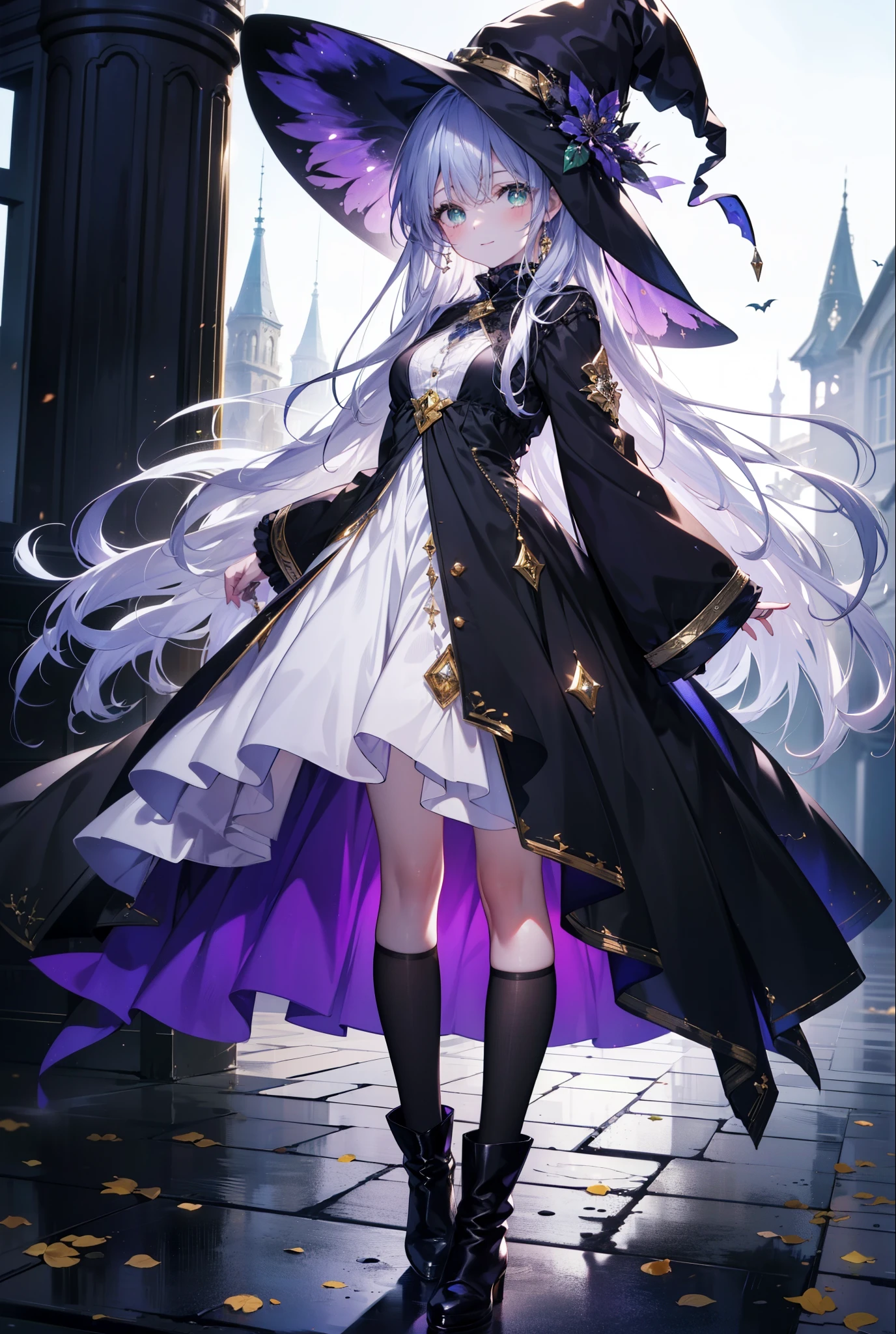 Prohibited bibliography, green eyes, Silver Hair, long hair,witch, has , smile,blush, mouths,witch has , dress, Halloween, Halloween costume, jewelry,Long frill skirt, short boots, full moon, whole bodyがイラストに入るように, break looking at viewer,whole body,
break outdoors, forest,dark forest,,
break (masterpiece:1.2), best quality, high resolution, unity 8k wallpaper, (figure:0.8), ( Beautiful, detailed eyes :1.6), very detailed face , PERFECT LIGHTING , highly detailed CG, (perfect hand, perfect anatomy),