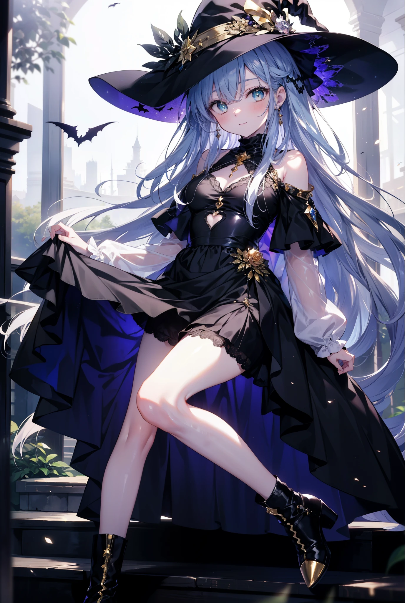 Prohibited bibliography, green eyes, Silver Hair, long hair,witch, has , smile,blush, mouths,witch has , dress, Halloween, Halloween costume, jewelry,Long frill skirt, short boots, full moon, whole bodyがイラストに入るように, break looking at viewer,whole body,
break outdoors, forest,dark forest,,
break (masterpiece:1.2), best quality, high resolution, unity 8k wallpaper, (figure:0.8), ( Beautiful, detailed eyes :1.6), very detailed face , PERFECT LIGHTING , highly detailed CG, (perfect hand, perfect ),