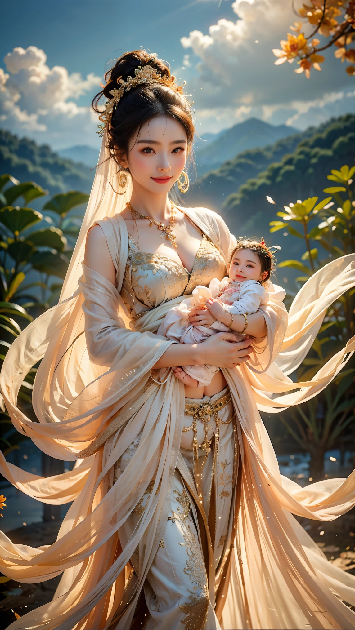 Beautiful Guan yin wearing intricate very brightwhite light flowing fabric and gold jewelry,plump body,kind,smile,bright white skin,holding a in her arms,clouds,lotus flowers