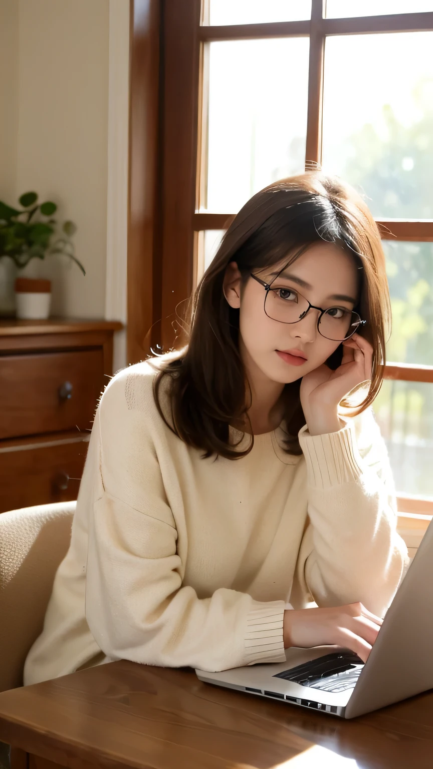 A young woman with shoulder-length brown hair sits at a wooden desk in a sunlit room, wearing a cozy, oversized sweater and glasses perched on her nose. She is focused on her laptop, fingers typing away, with a steaming cup of tea beside her. The soft morning light filters through the window, casting a warm glow on her concentrated expression. Books and notebooks are scattered around, indicating a productive work or study session. The ambiance is peaceful, capturing a moment of everyday life filled with quiet determination and comfort.