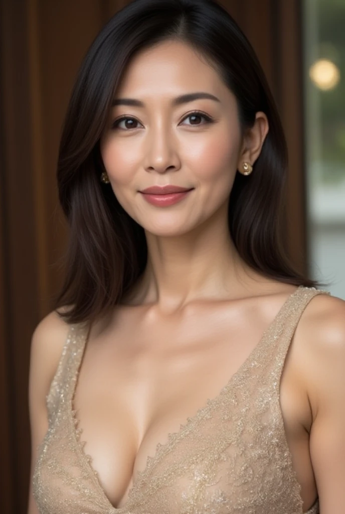 (8k、超High resolution、Highest quality、masterpiece、reality的、超High resolution)、Beautiful Japanese Shy Mature, Age: 44, Long Hair, Brown eyes, Glossy Lips, Sexy look, (Big Breasts:1.3), Shiny hair and shiny body, Wearing a shiny gold tiny bikini, Shiny thighs, Hotel Light shining in, Photo with blurred background,Beautiful nipples,Fine skin, In detail, High resolution, 8k wallpaper, Perfect dynamic composition, Beautiful attention to detail, Perfect Eyebrows、Slightly tilted eyebrows, Natural color lip,looking at the camera,muscle,Beautiful Skin,超High resolution, (reality: 1.4), Raise your arms behind your head, Shiny and oily body,Cute smile、