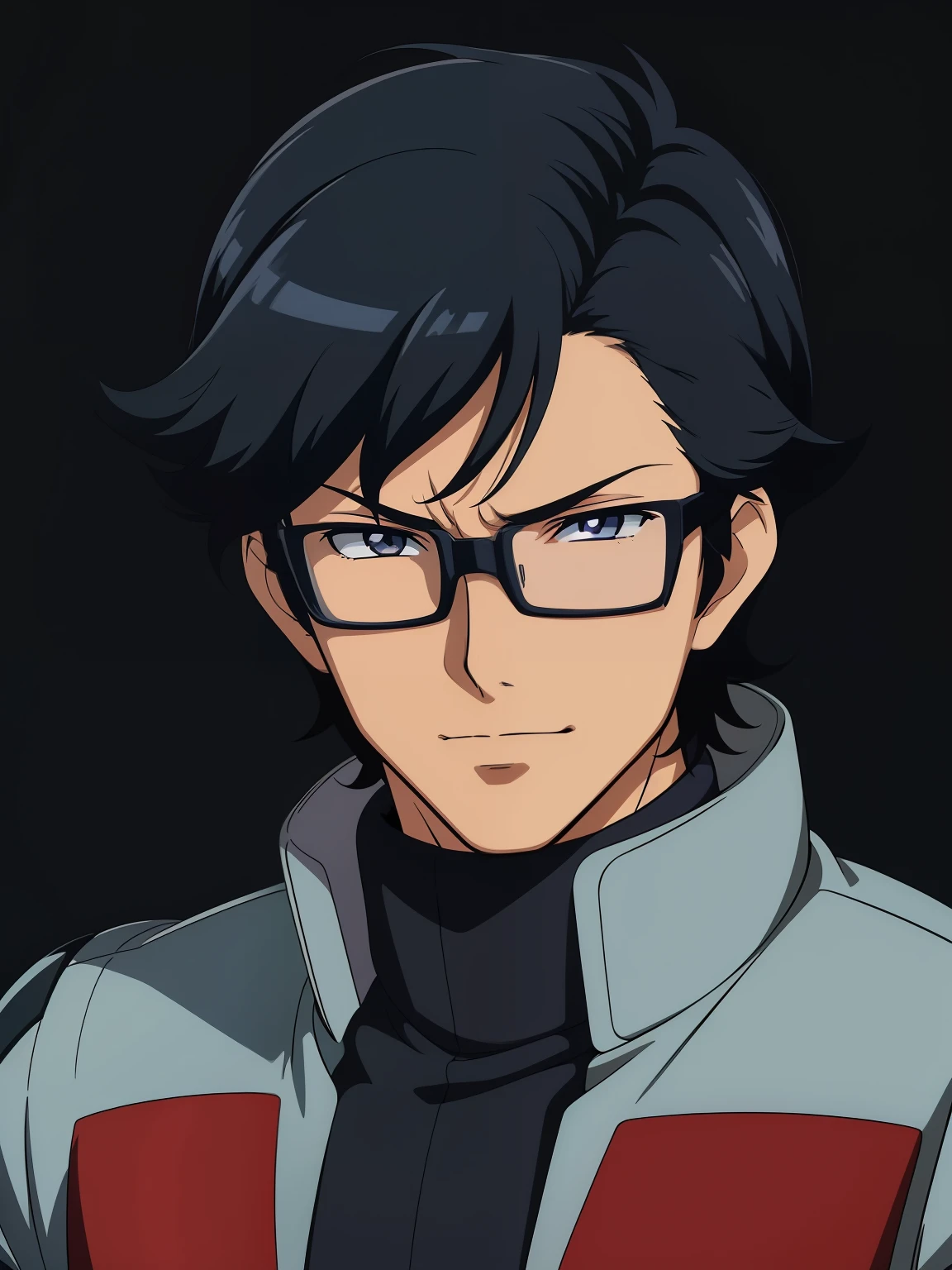 (high-quality, breathtaking),(expressive eyes, perfect face) 1boy, male, solo, black hair, silver eyes, charming smile, positive expresion, Gundam artstyle, black background, portrait, symmetrical eyes, pilot, Gundam Iron Blooded Orphans, uniform, adult, glasses
