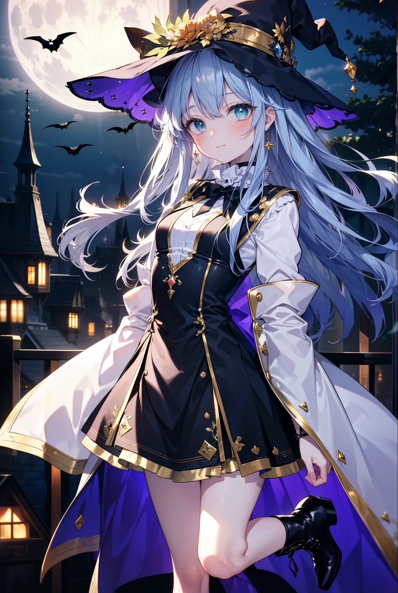 Prohibited bibliography, green eyes, Silver Hair, long hair,witch, has , smile,blush, mouths,witch has , dress, Halloween, Halloween costume, jewelry,Long frill skirt, short boots, full moon, whole bodyがイラストに入るように, break looking at viewer,whole body,
break outdoors, forest,dark forest,,
break (masterpiece:1.2), best quality, high resolution, unity 8k wallpaper, (figure:0.8), ( Beautiful, detailed eyes :1.6), very detailed face , PERFECT LIGHTING , highly detailed CG, (perfect hand, perfect anatomy),