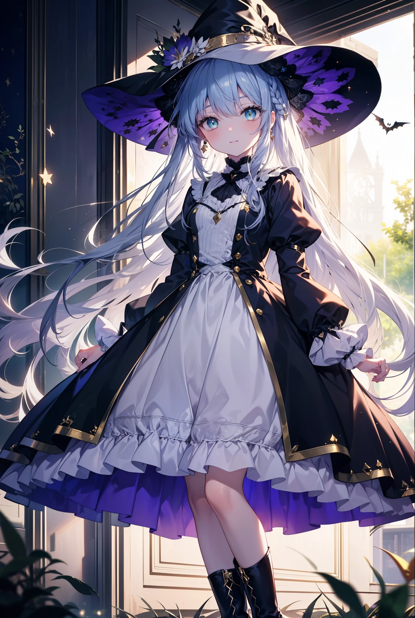 Prohibited bibliography, green eyes, Silver Hair, long hair,witch, has , smile,blush, mouths,witch has , dress, Halloween, Halloween costume, jewelry,Long frill skirt, short boots, full moon, whole bodyがイラストに入るように, break looking at viewer,whole body,
break outdoors, forest,dark forest,,
break (masterpiece:1.2), best quality, high resolution, unity 8k wallpaper, (figure:0.8), ( Beautiful, detailed eyes :1.6), very detailed face , PERFECT LIGHTING , highly detailed CG, (perfect hand, perfect anatomy),