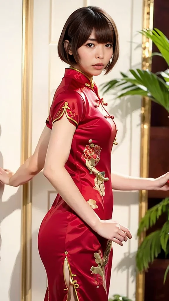 (8K、Raw photography、Highest quality、masterpiece:1.2),(Black Hair、Dark Eyes:1.9),(Red Chinese Dress:1.4)、View your audience,Front view,White skin,(Double Bang:1.3)、(Tight waist:1.6)、(Clothes that accentuate the shape of the breasts:1.0)、(Big Breasts :1.3)、Slim figure、Ultra-high resolution,beautiful,beautiful fece,(One person、No background:1.9),whole bodyボディー,Japanese women,(reality的:1.37)、Photon Mapping,reality、(Baby-faced and cute: 1.4)、(Cute Smile: 1.8)、(Round face: 1.8)、Radio City、Physically Based Rendering、Depth of field rally background、photograph, (I can see your knees、Thigh close-up:1.8),(:1.6),whole body、Great quality