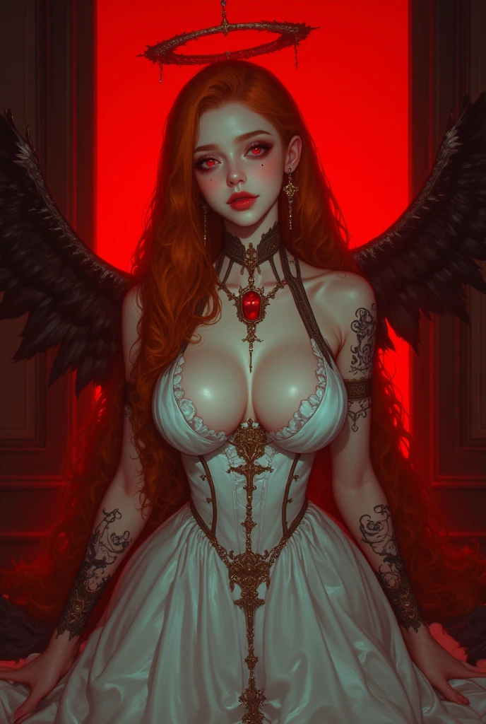 (hyperrealistic), (illustration), (high resolution), (8K), (extremely detailed), (best illustration), (beautiful detailed eyes), (best quality), (ultra-detailed), (masterpiece), (wallpaper), (photorealistic), (detailed face), high detailed realistic skin texture, anatomically correct, solo, 1girl, (high detailed realistic hair), (red hair:1.3), (heterochromic eyes), (detailed red glowing eyes), (small moles under the eyes), (realistic huge breasts:1.3), (cleavage), (bare shoulders), (long legs), (tight abs), (dynamic pose), (closed lips:1.3), (full body), absurdres, highres, ultra detailed, eyeliner, sideboob, narrow waists, demon wings, devil horns, tattoo, detail background, FireMagicAI, intricate, Darkness Empire,