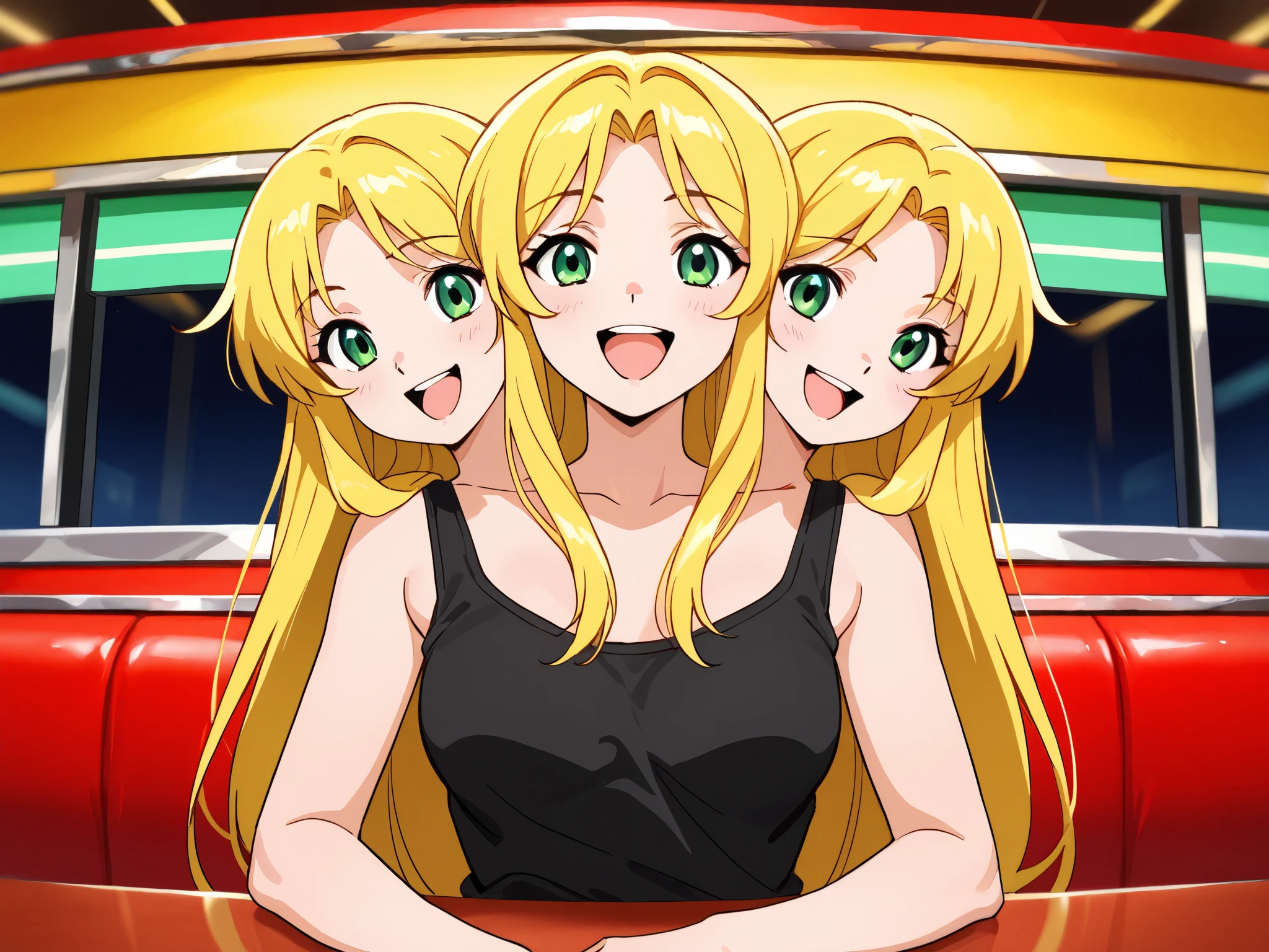 anime girl with three heads, conjoined, long blond hair, green eyes, open mouth, happy, black tank top, sitting across from the viewer at a diner table