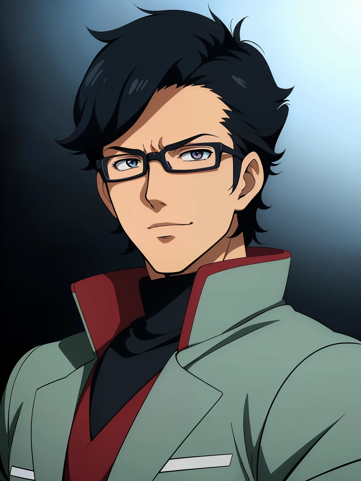 (high-quality, breathtaking),(expressive eyes, perfect face) 1boy, male, solo, black hair, silver eyes, charming smile, positive expresion, Gundam artstyle, black background, portrait, symmetrical eyes, pilot, Gundam Iron Blooded Orphans, uniform, adult, glasses