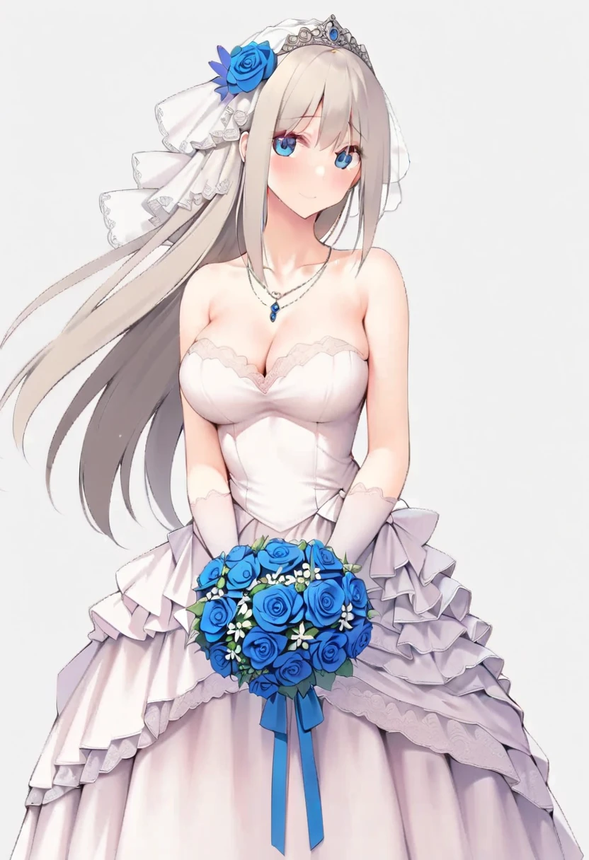 lexington (warship girls r), ((masterpiece)), (((best quality))), ((ultra-detailed)), ((illustration)), ((disheveled hair)), ((frills)), (1 girl), (solo),alternative costume,blue flower, blue rose, blush, bouquet, breasts, bridal veil, bug, butterfly, choker, cleavage, clothing, crown, dress, female, flower, frilled dress, frills, full body, gloves, headdress, headwear, insect, jewelry, large breasts, long hair, necklace, petals, rose, smile, tiara, veil, (Trailing wedding dress:1.4), white dress, white gloves,gray_hair,blue_eyes,Bare_Feet,Feet,Sitting,Crossed_Legs,rating:safe,