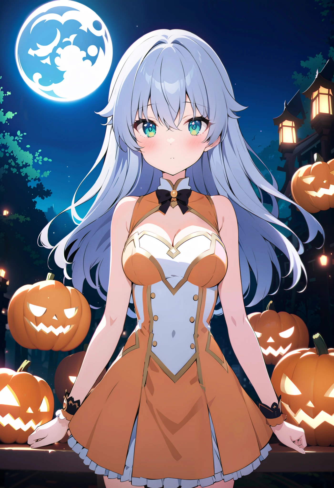  score_9,  score_8_ up,  score_7_ up,  source_Anime, Prohibited bibliography,  green eyes, Silver Hair,  long hair, Anime 魔女,  has , 魔女  has ,  dress,  Halloween,  Halloween costume,   jewelry, full moon,  whole bodyがイラストに入るように,                                                                   break looking at viewer,whole body,
break outdoors, forest,, 
break (masterpiece:1.2),  best quality ,  high resolution,  Unity 8K Wallpaper , (figure:0.8), ( precise and beautiful eyes:1.6),  very detailed face,  PERFECT LIGHTING ,  very precise CG, (perfect hand,  perfect anatomy),