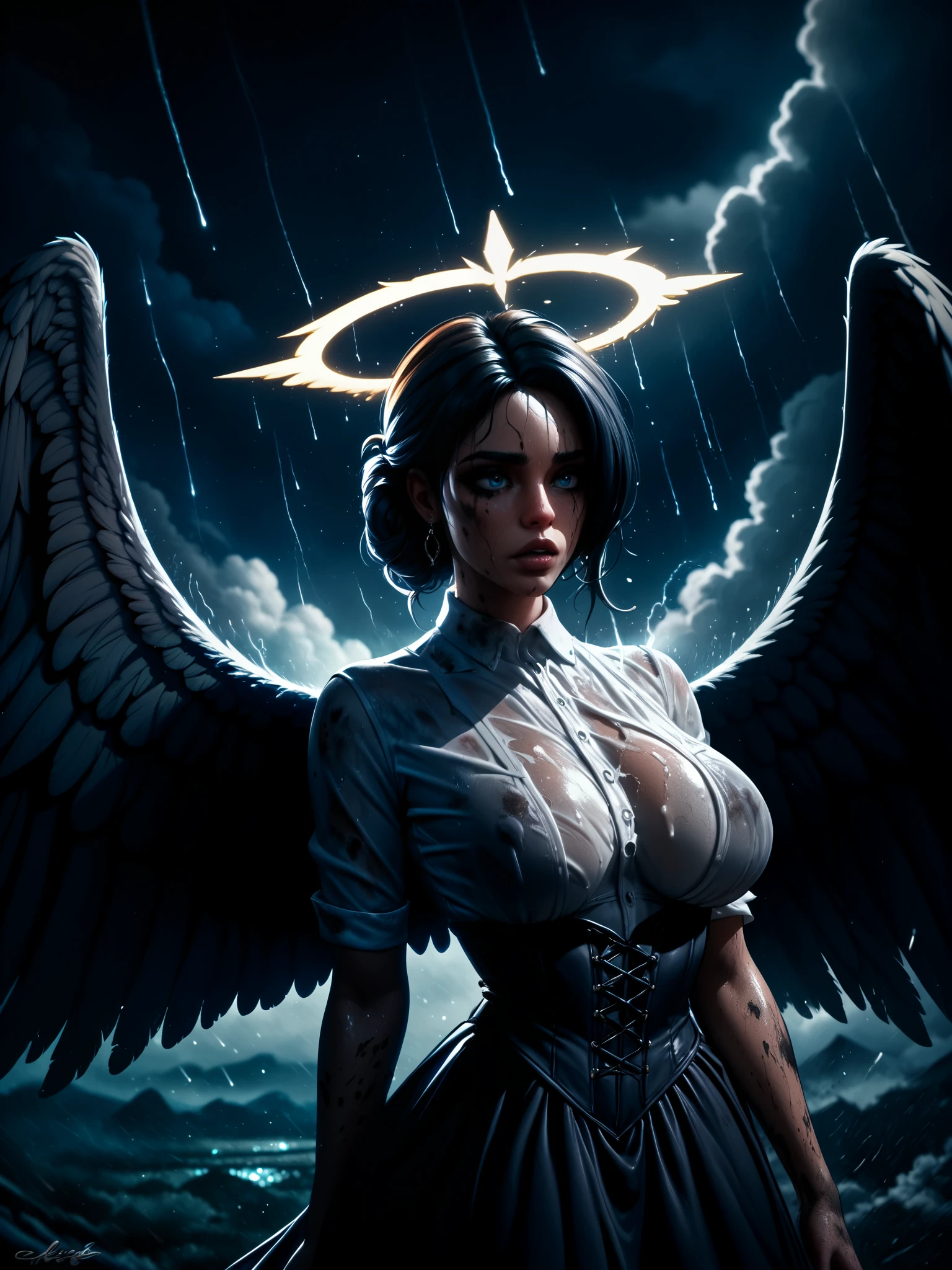  best quality, extreme Detail,  female angel falls from heaven to earth ,  female angel has black wings , (Wings have black feathers),  female angel loses black feathers ,  sky is dark, Black clouds , Thunderstorm, City,  dirty , muddy,  female angel wears thin white silk shirt, Female angel cries ,  female angel looks bad ,  female angel has big breasts ,  dress is dirty and dirty ,