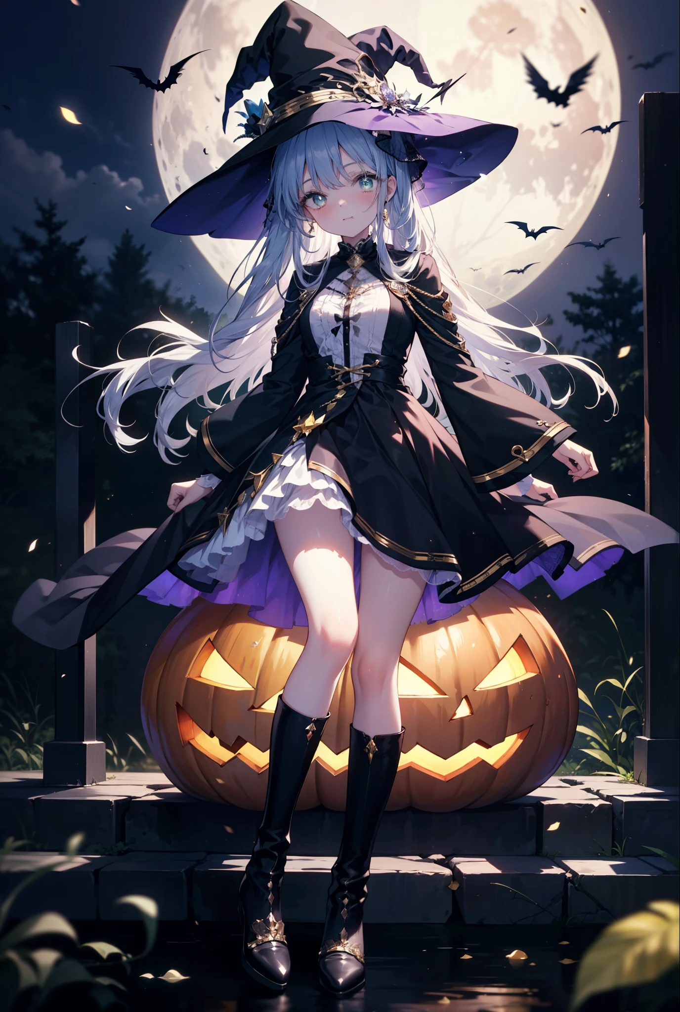 Prohibited bibliography,  green eyes, Silver Hair,  long hair,witch,  has , smile,blush, mouths,witch  has ,  dress,  Halloween,  Halloween costume,   jewelry,Long frill skirt, short boots, full moon,  whole bodyがイラストに入るように,                                                                   break looking at viewer,whole body,
break outdoors, forest,dark forest,, 
break (masterpiece:1.2),  best quality,  high resolution, unity 8k wallpaper, (figure:0.8), ( Beautiful, detailed eyes :1.6),   very detailed face ,  PERFECT LIGHTING ,   highly detailed CG, (perfect hand,  perfect anatomy),