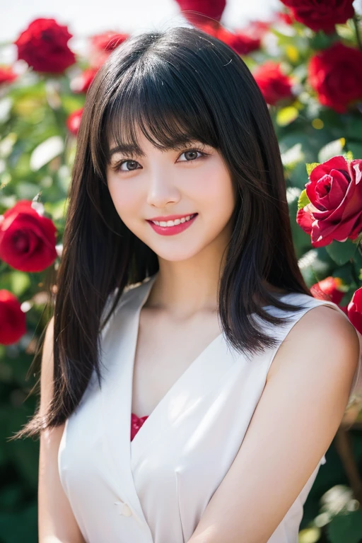 Medium Shot、((Upper Body))、(Highest quality:1.5)、(Realistic:1.5)、(1 person:1.5)、(Very detailed)、(High resolution)、8K、((Wear a white off-the-shoulder sweater))、Slightly small chest、Natural color lips、Cute Smile、20-year-old girl、(beautiful and elaborate face)、(完璧でbeautiful顔)、(Big eyes)、(beautiful and elaborate face)、(beautiful, Balanced Eyes)、完璧でbeautiful二重まぶた、完璧でbeautiful顔、Arched eyebrows、 Thin eyebrows、Feminine poses、Slim face、Slim figure、beautiful and thin nose、 beautiful Skin、(Medium Bob Hair)、Natural Bangs、Fair skin、Front lighting、(Facial lighting)、(beautiful cleavage)、Deep blue eyes、Slim waistline、Sitting in a flowerbed in the garden、A garden full of red and white roses、