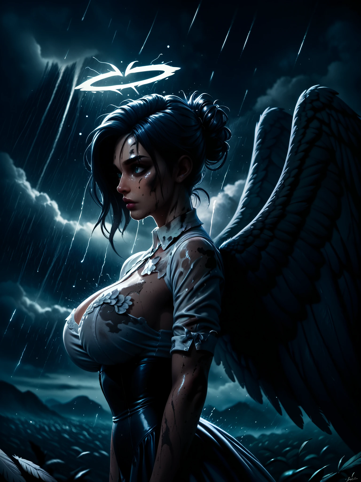 best quality, extreme Detail, female angel falls from heaven to earth , female angel has black wings , (Wings have black feathers), female angel loses black feathers , sky is dark, Black clouds , Thunderstorm, City, dirty , muddy, female angel wears thin white silk shirt, Female angel cries , female angel looks bad , female angel has big breasts , dress is dirty and dirty ,