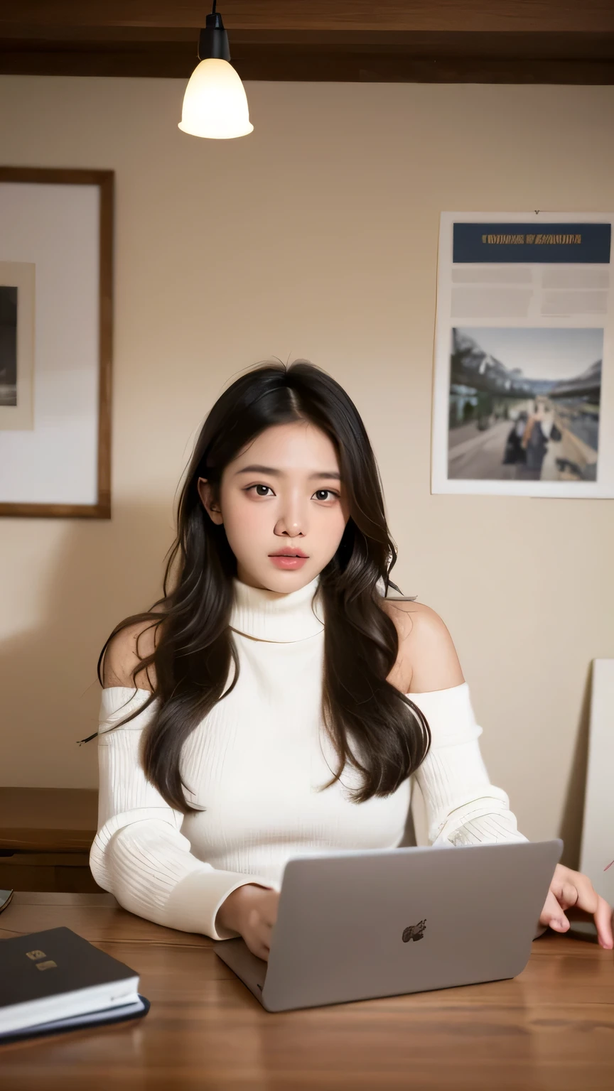 A young woman with shoulder-length brunette hair sits at a sleek, modern desk in her home office, illuminated by the soft glow of her laptop screen. She's dressed in a stylish yet comfortable outfit—a fitted black turtleneck and high-waisted jeans. Her fingers dance across the keyboard as she drafts a new blog post for her lifestyle website. Beside her, a DSLR camera and a ring light hint at a recent photo session, while a planner filled with color-coded notes and stickers lies open, showcasing her meticulously organized schedule. A nearby shelf displays a collection of curated decor items and personal mementos, reflecting her keen eye for aesthetics. The ambiance exudes a blend of creativity and professionalism, capturing the essence of an influencer dedicated to crafting engaging content for her audience.