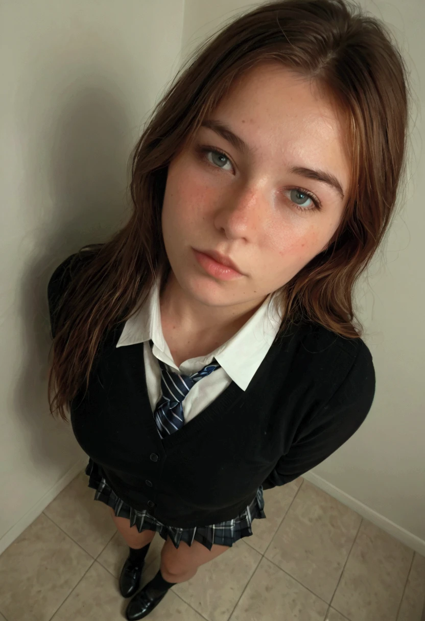 little french girl wearing a uniforme escolar, She&#39;s 16 years old, Ella es rubia, ((ojos azules)), cara perfecta, lindo, Big natural sagging breasts, selfie en su rostro y escote, ((sexy)), sentado en un banco de la calle, pelo rubio, Piernas cruzadas, ((uniforme escolar)), Blusa escolar blanca,
