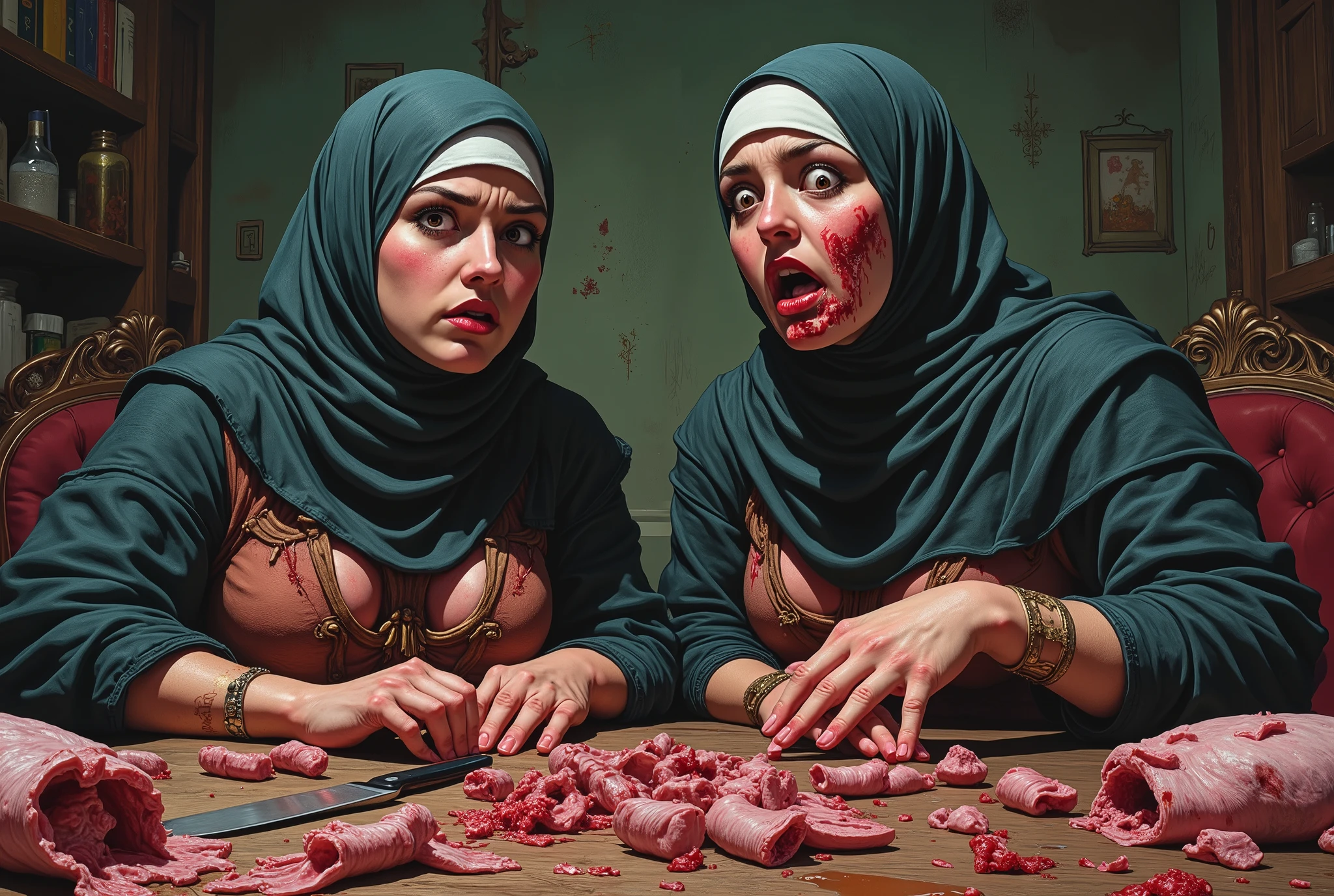 Two sexy Muslim women, hijabs, at table covered in pig body parts, meat cleaver, snouts, hooves, tails, 60s & 70s exploitation horror film, grrungy, noir vibe, Turkish serial killer, gagged, Hijabs pulled up, ripped panties, covered in bruises and blood, lurid vivid colors, retro 60s sci-fi horror movie aesthetic, bloody, gory, scary, movie poster vibe, bold colors, detailed, erotic, NSFW, lurid and vivid colors, detailed, intricate, gouache paints, Frazetta, Mort Künstler, Basil Gogos, Graham "Ghastly" Ingels, volumetric lighting, classic horror comic aesthetic
