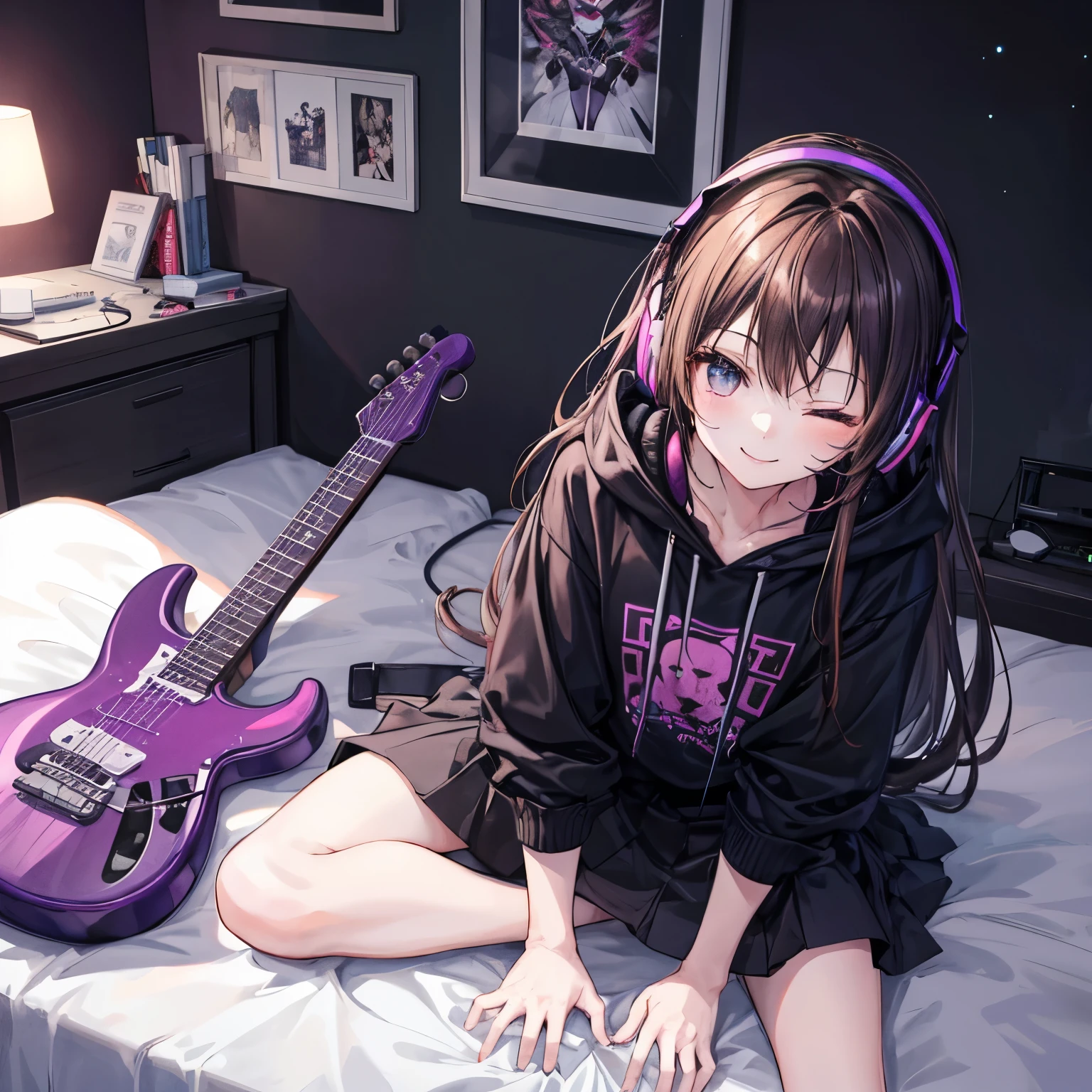 Girl with black headphones lays flat on her bed with a purple electric guitar next to her. She has long brown hair and bright red, starry eyes. She has one eye closed while smiling and looking up at the camera. She is wearing a black hoodie over an anime t-shirt and a jean skirt. Her bedroom is dark but illuminated by bright RGB gaming lights.