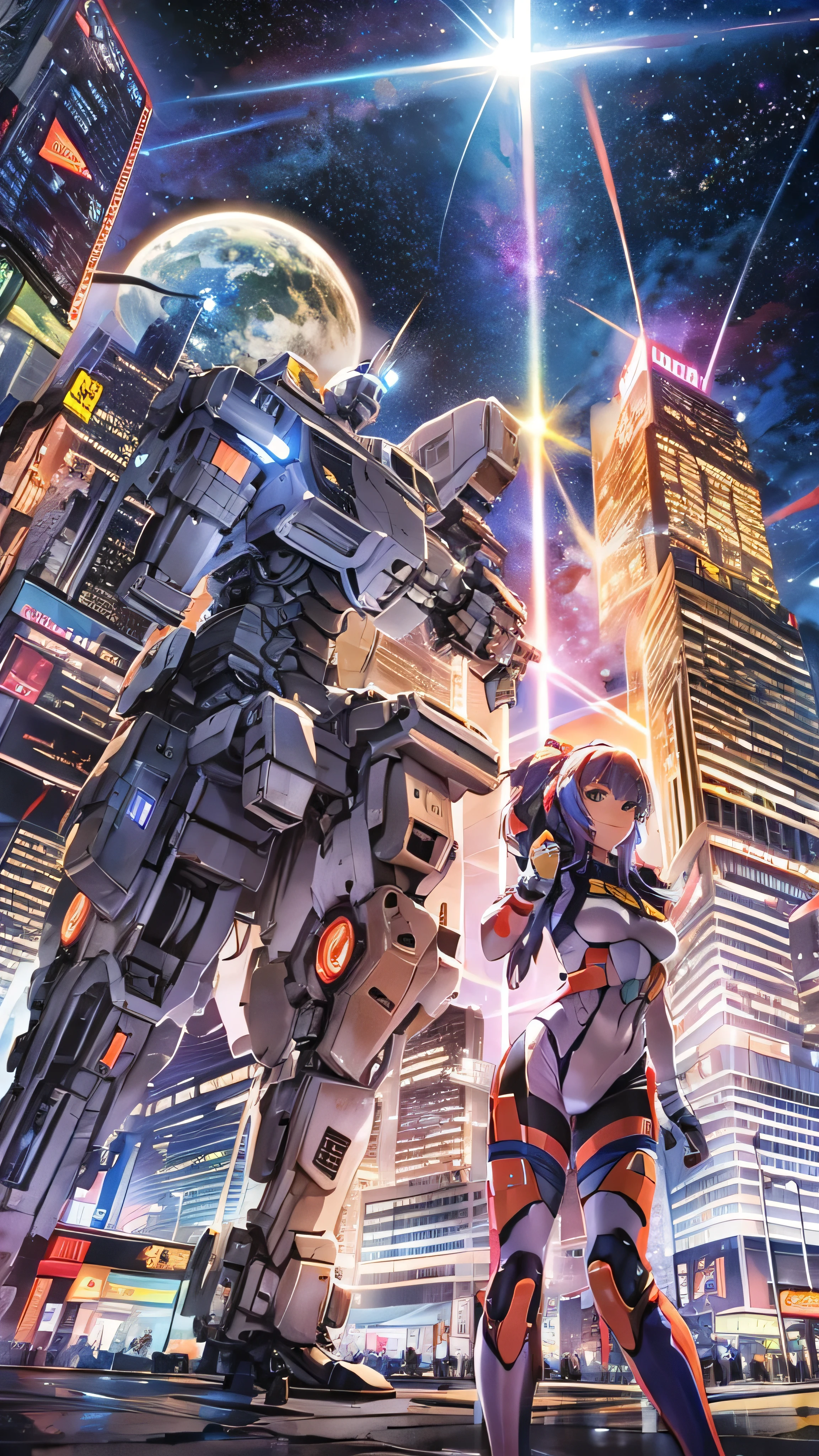 Anime anime character standing in front of a futuristic city at night ...